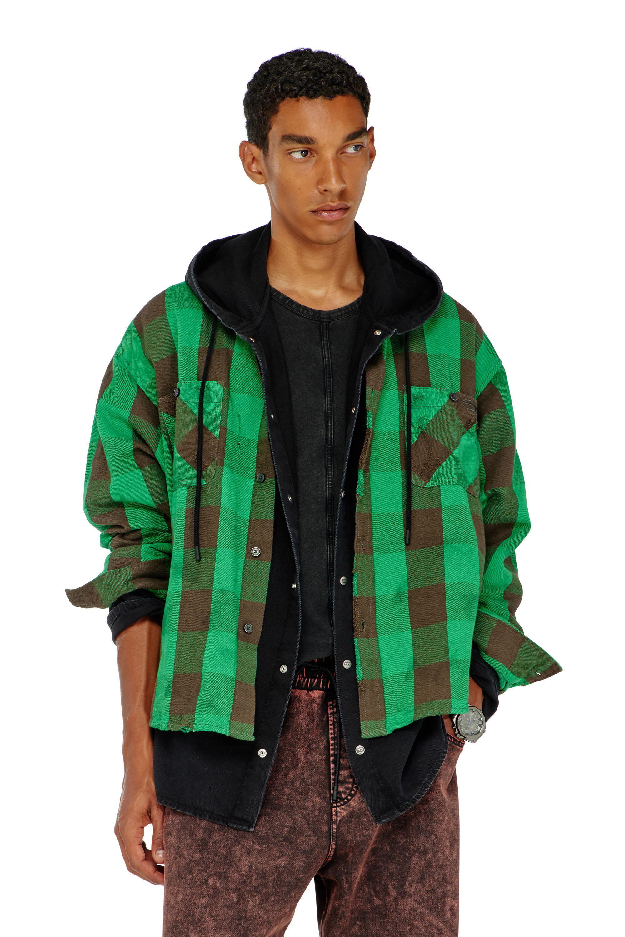 Diesel - S-DRUM, Man's Check flannel shirt with distressed effect in Brown/Green - 1