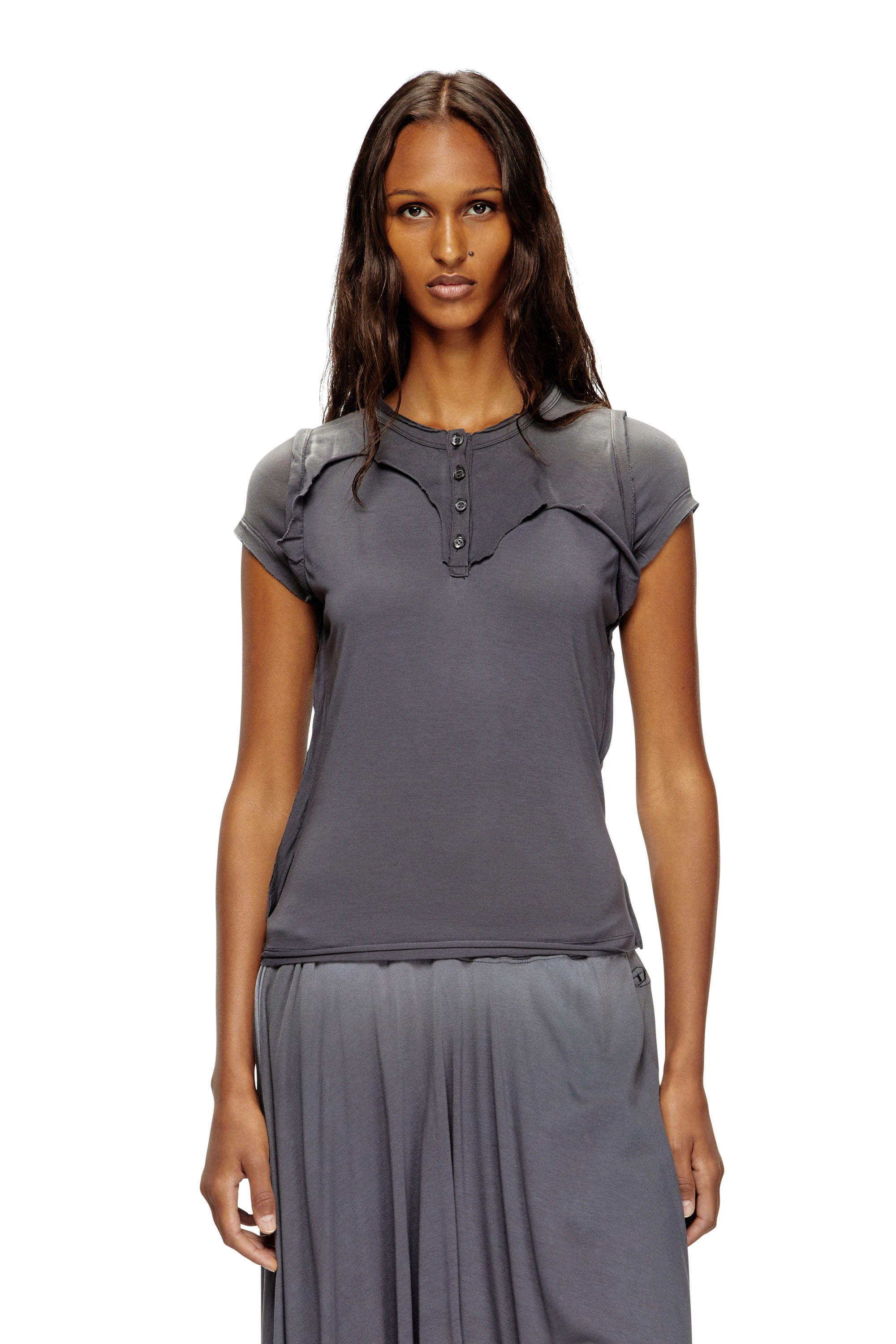 Diesel - T-UNRAWY, Female's Henley T-shirt with peel-off effect in Grey - 1