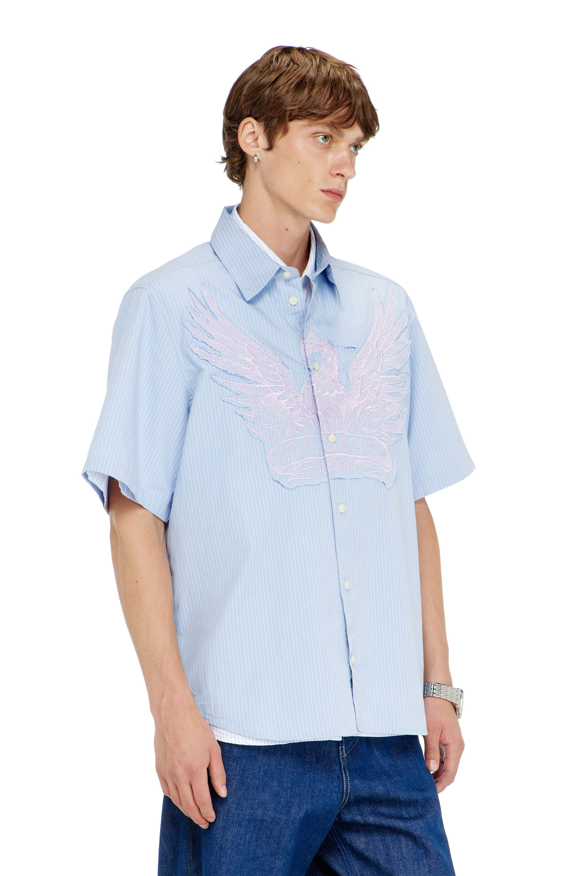 Diesel - S-SIMPLY-SS-AGCZ, Camisa de popelina a rayas con patch bordado Hombre in Azul marino - 3