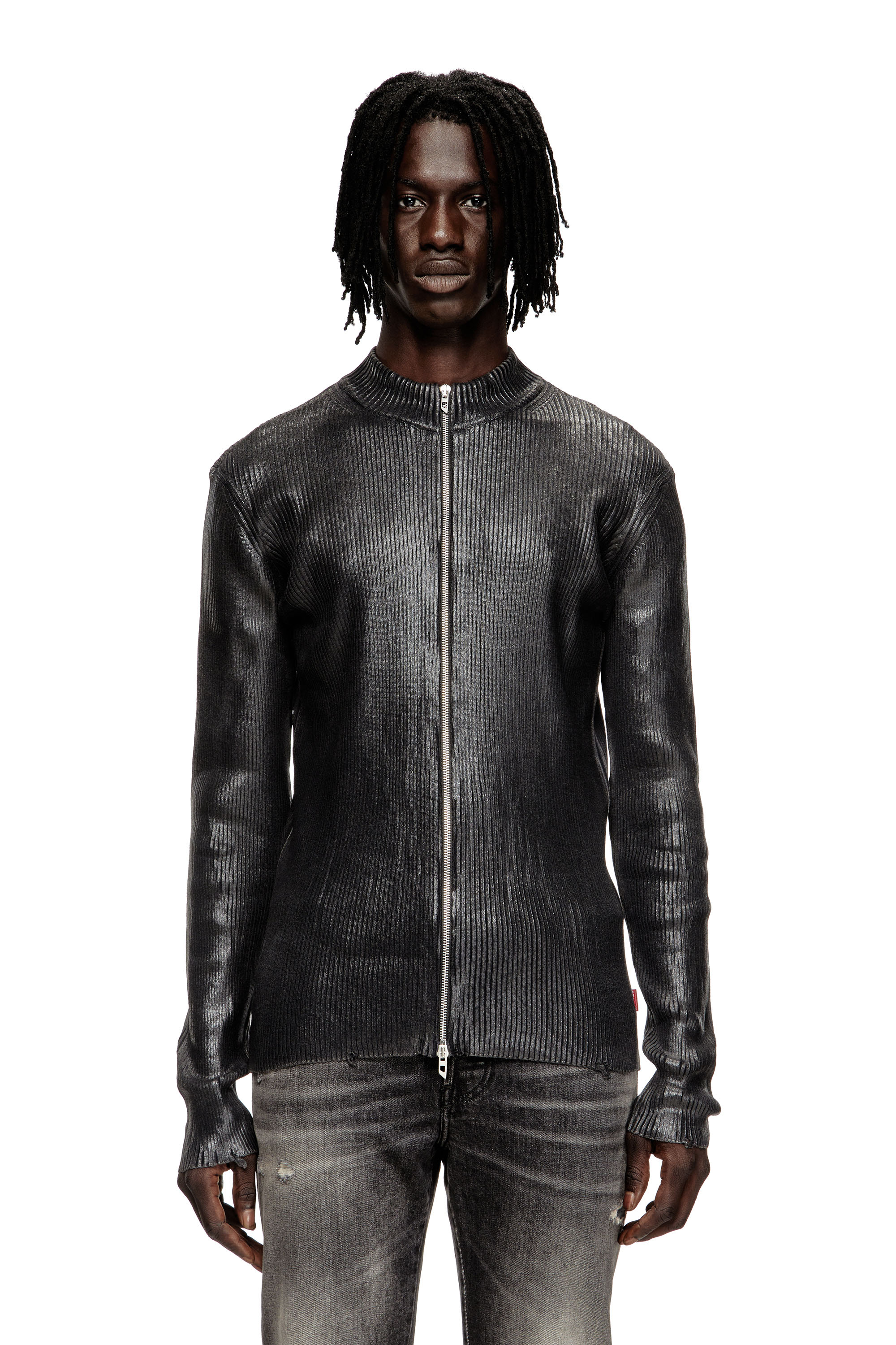 Diesel - K-DARGY-D, Cardigan zippé en fil de denim à effet brillant Homme in Noir - 1