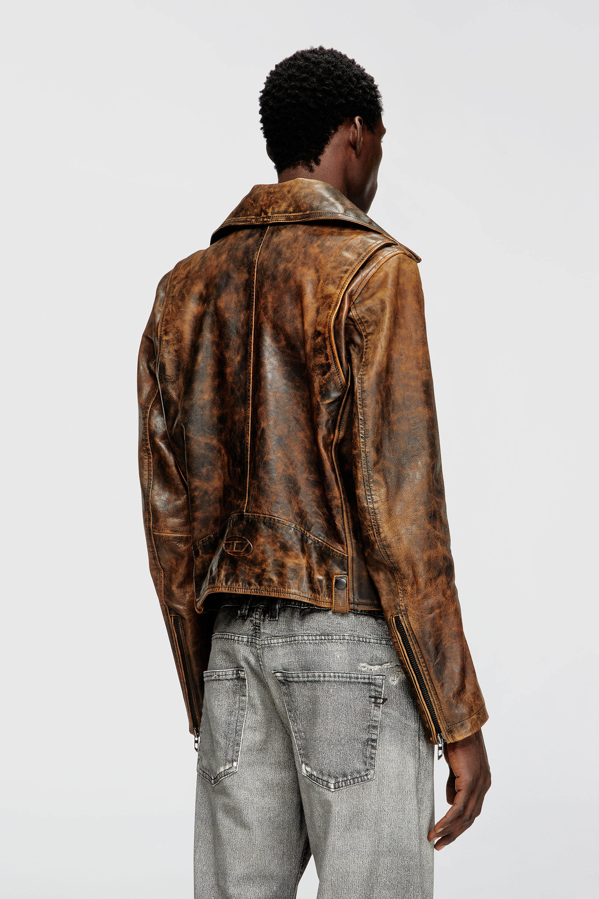 Diesel - L-EON, Man's Biker jacket in treated leather in Brown - 5