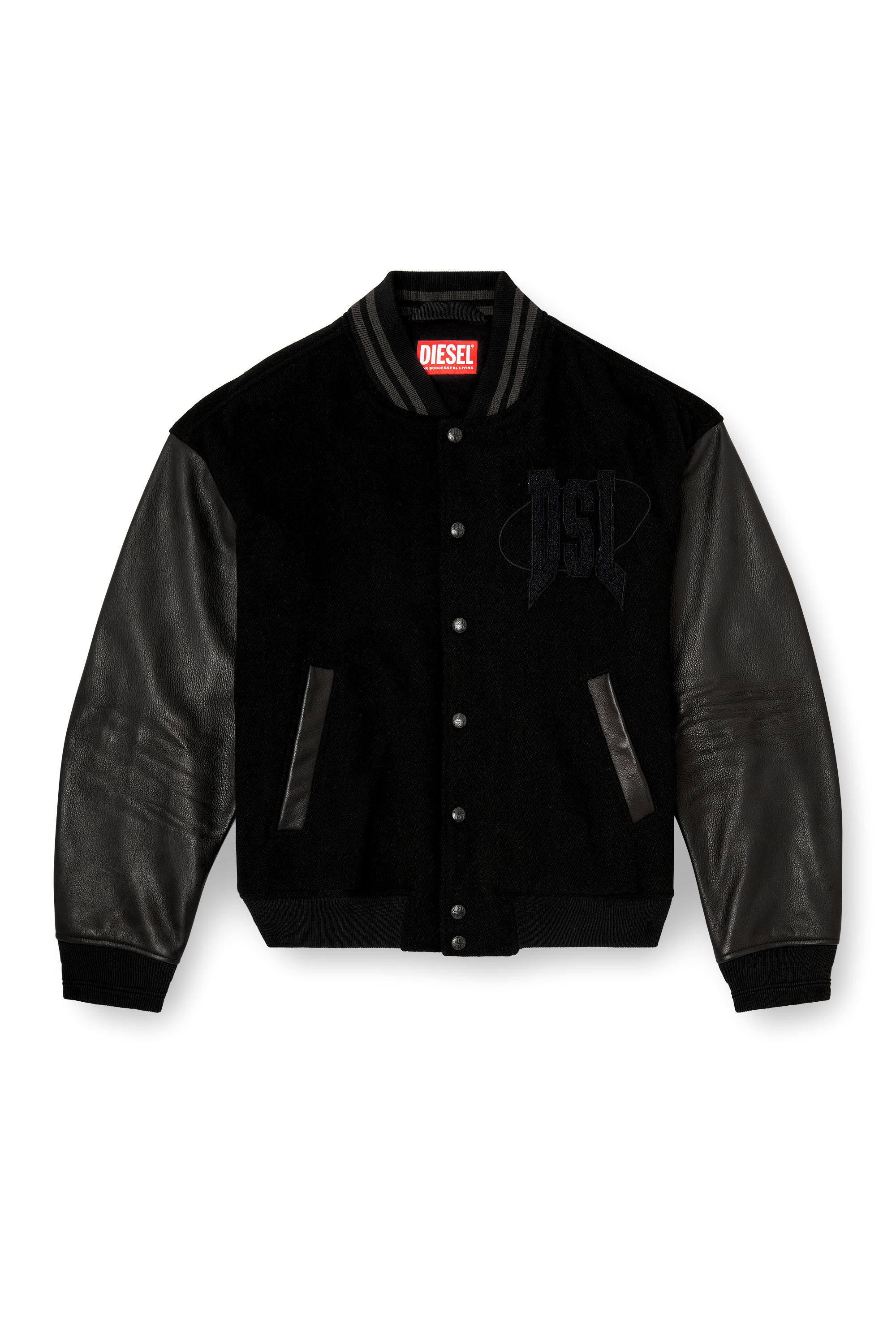 Diesel - L-NYMAN, Veste bomber style universitaire en coton et cuir Homme in Noir - 2