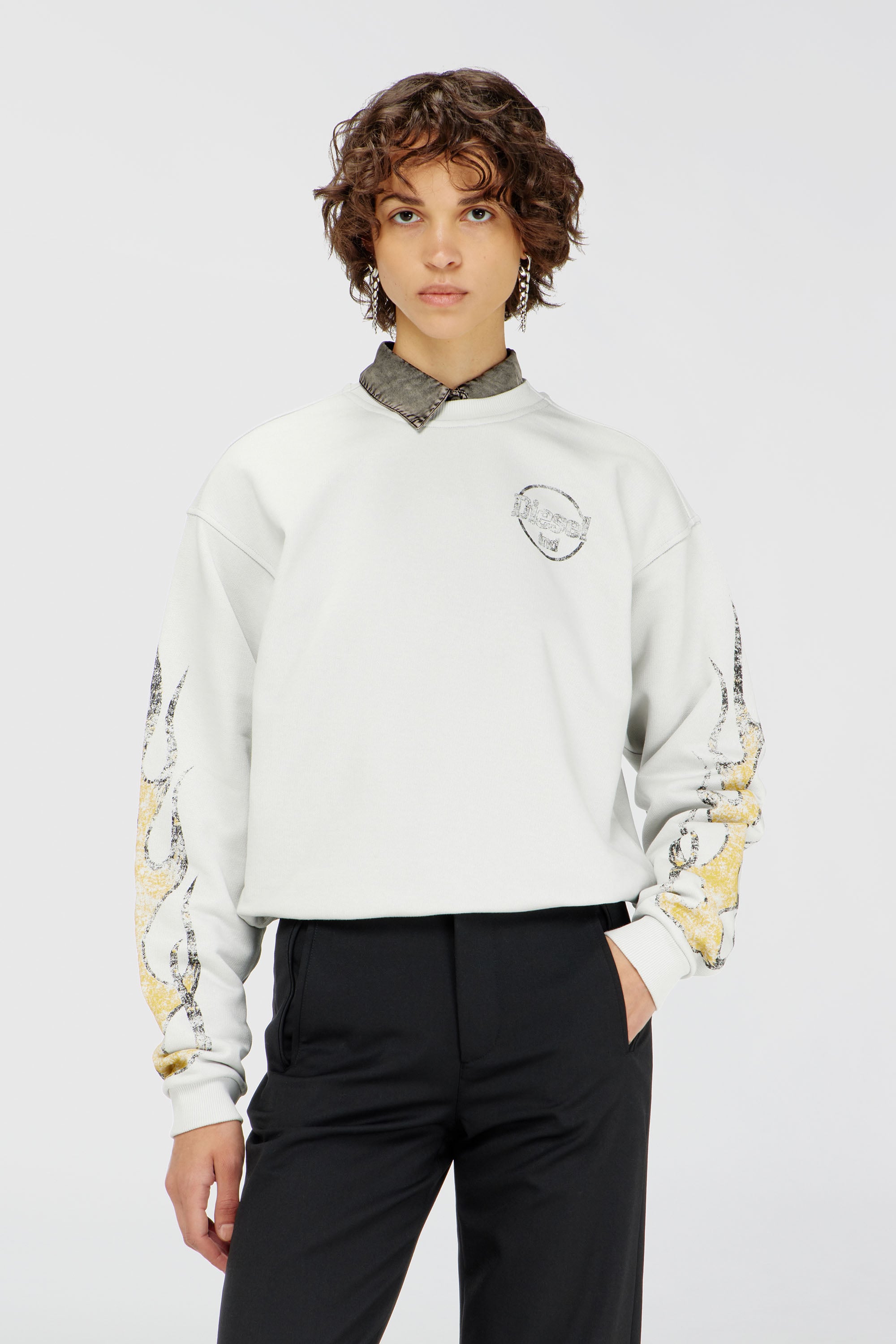 Diesel - F-CREWY-B3, Female's Drawstring-hem sweatshirt with crack print in White - 1