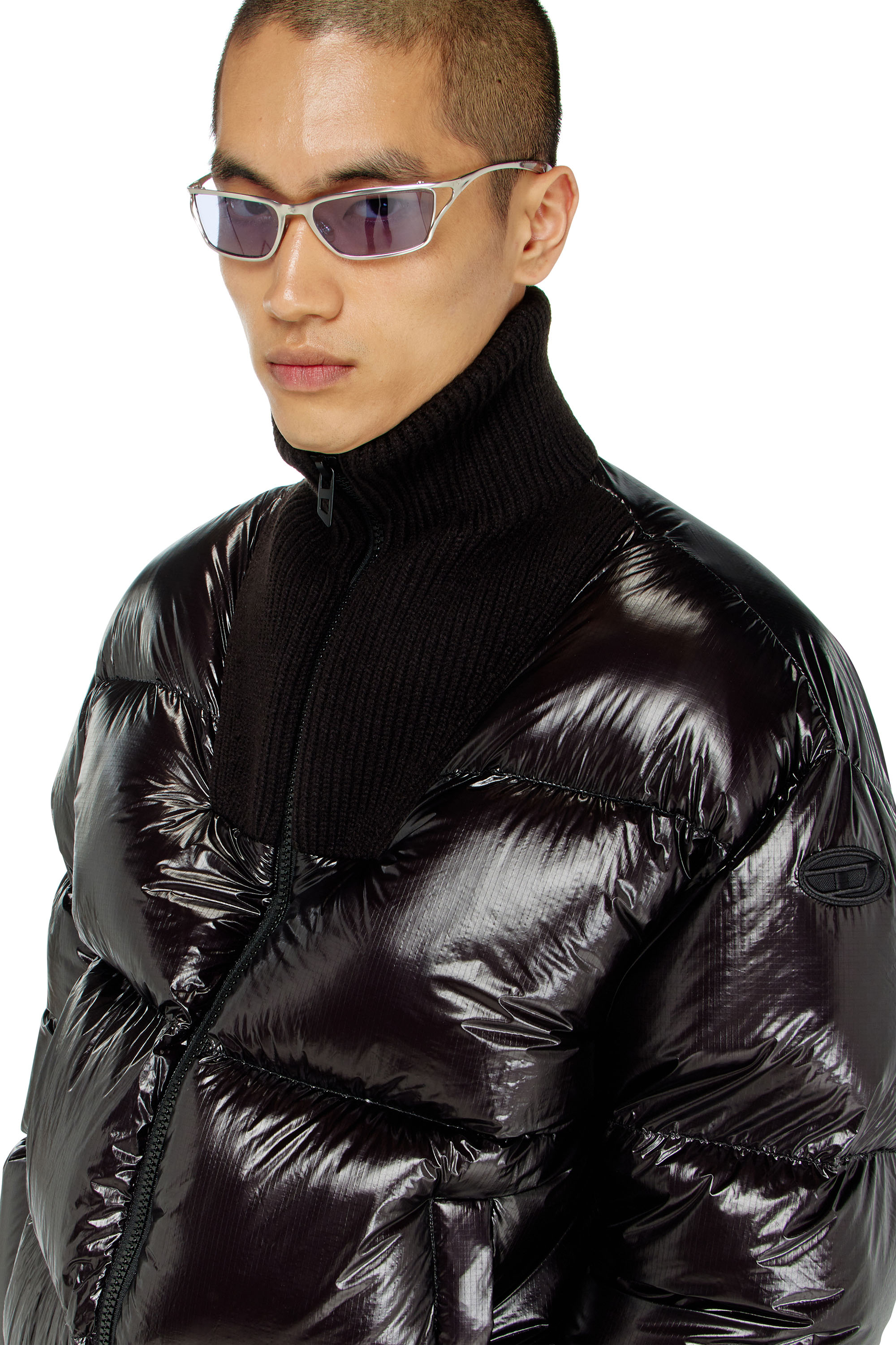 Diesel - W-RIBB, Male's Down puffer jacket in ripstop with ribbed collar in Black - 4