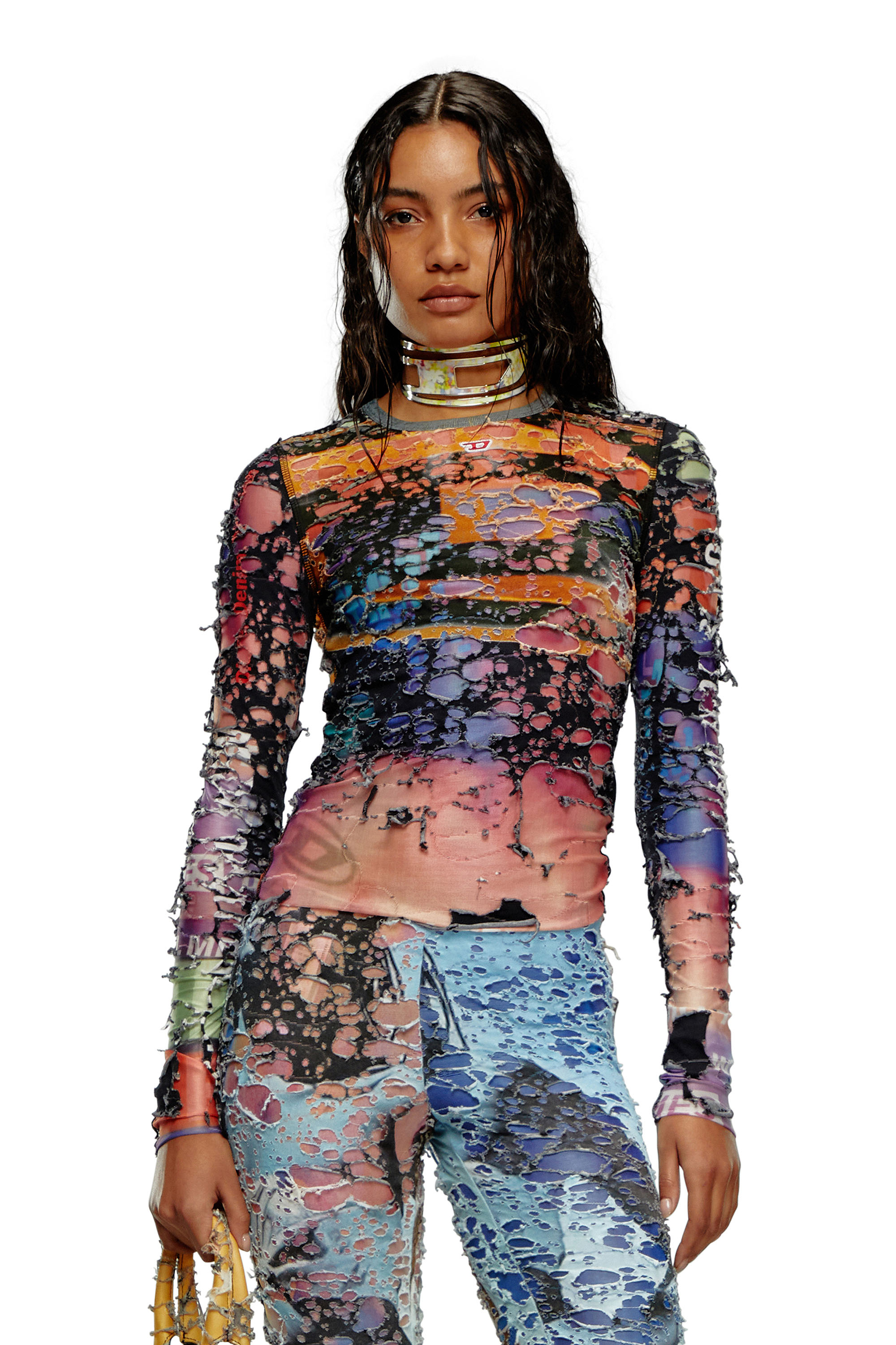 Diesel - T-MILEY, Woman's Destroyed top with cinema prints in Black/Pink - 3