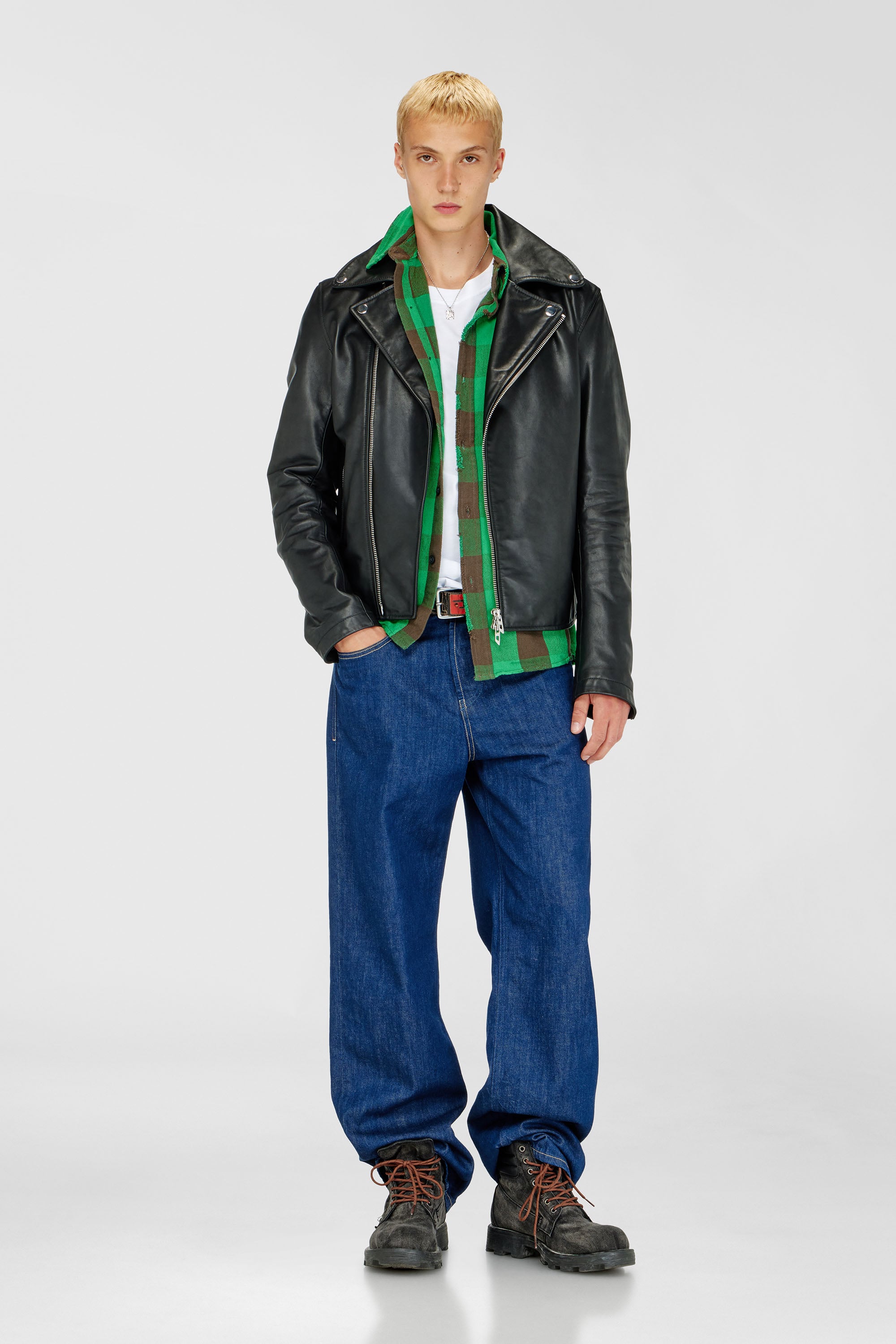 Diesel - L-EO-WRD, Chaqueta biker de cuero encerado Hombre in Negro - 2