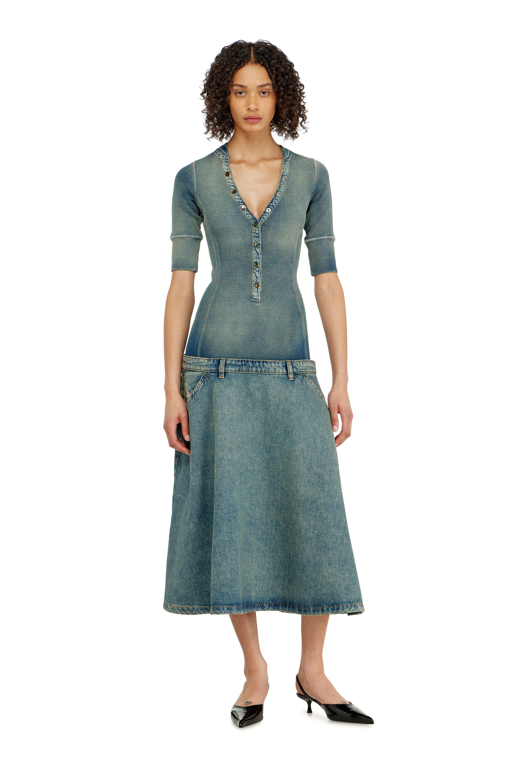 Diesel - DE-ANIM-S, Female's Drop-waist midi dress in knit and denim in null - 2