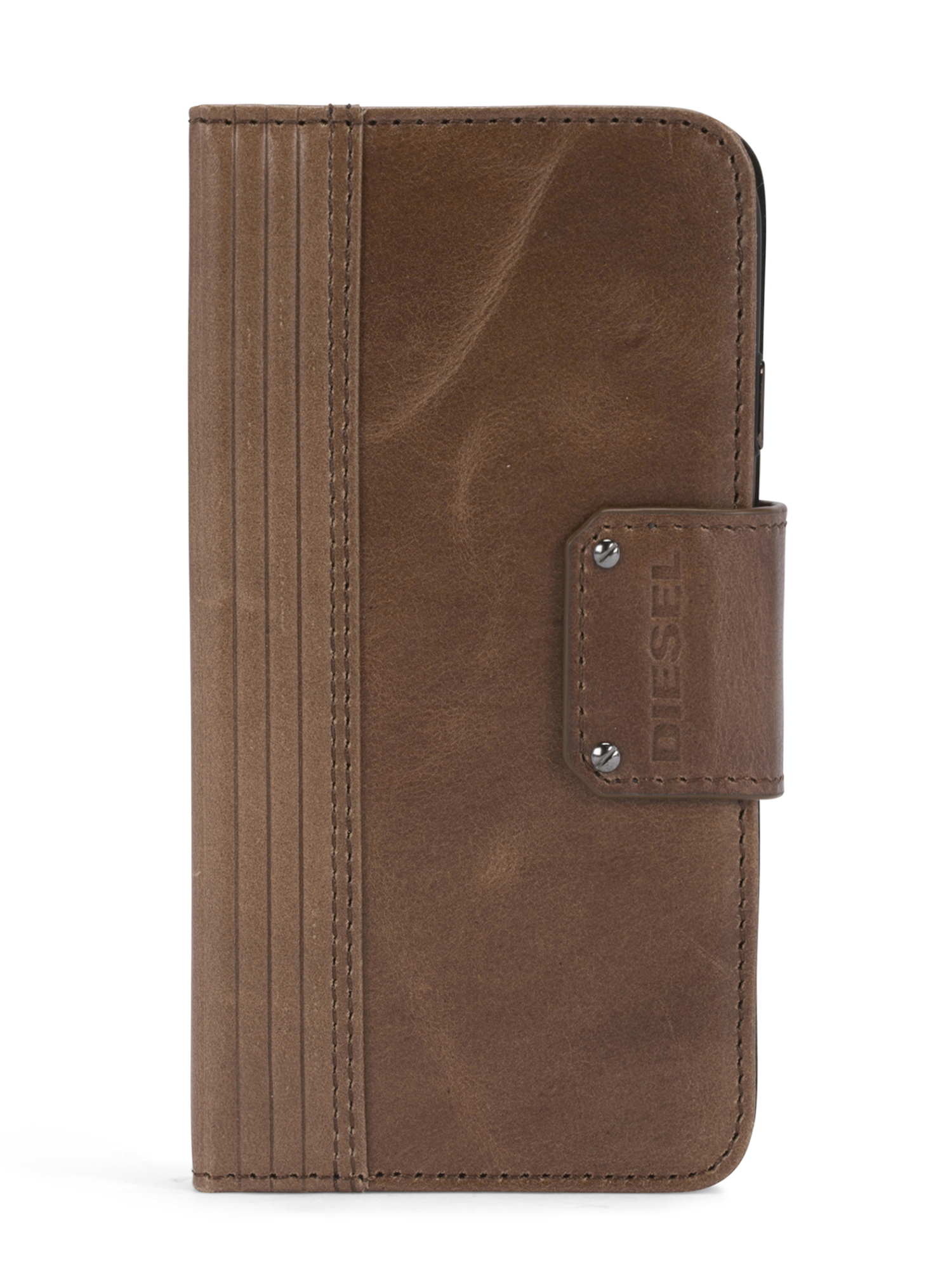 Diesel - BROWN LINED LEATHER IPHONE 8 PLUS/7 PLUS FOLIO, Unisex's Lined leather folio, iPhone 8 Plus/7 Plus in Brown - 1
