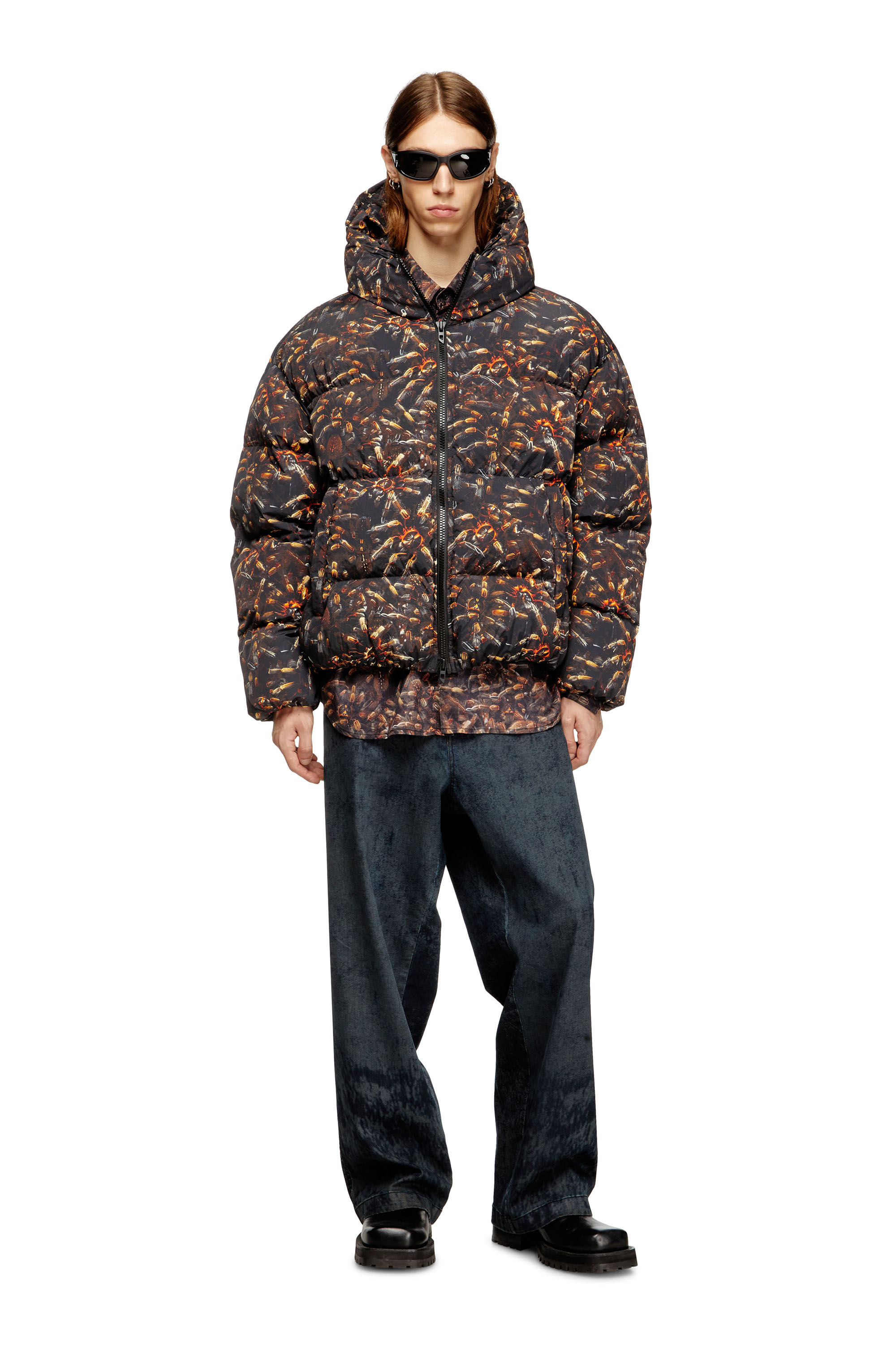 Diesel - W-SPIDER, Male's Hooded puffer jacket with spider print in Black/Brown - 2