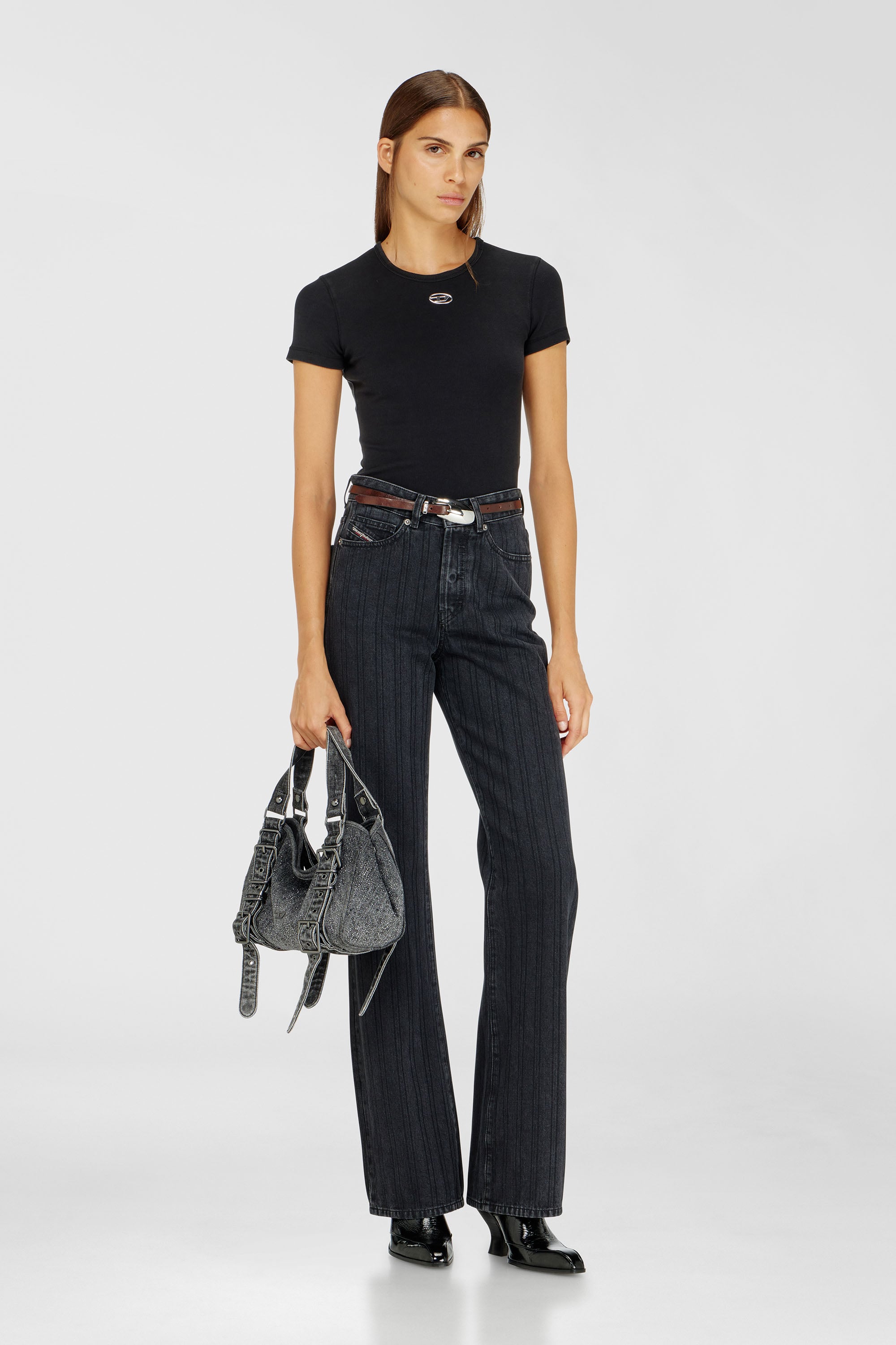 Diesel - T-ELE-LONG-OD, Female's Slim ribbed T-shirt with metallic Oval D in Black - 2