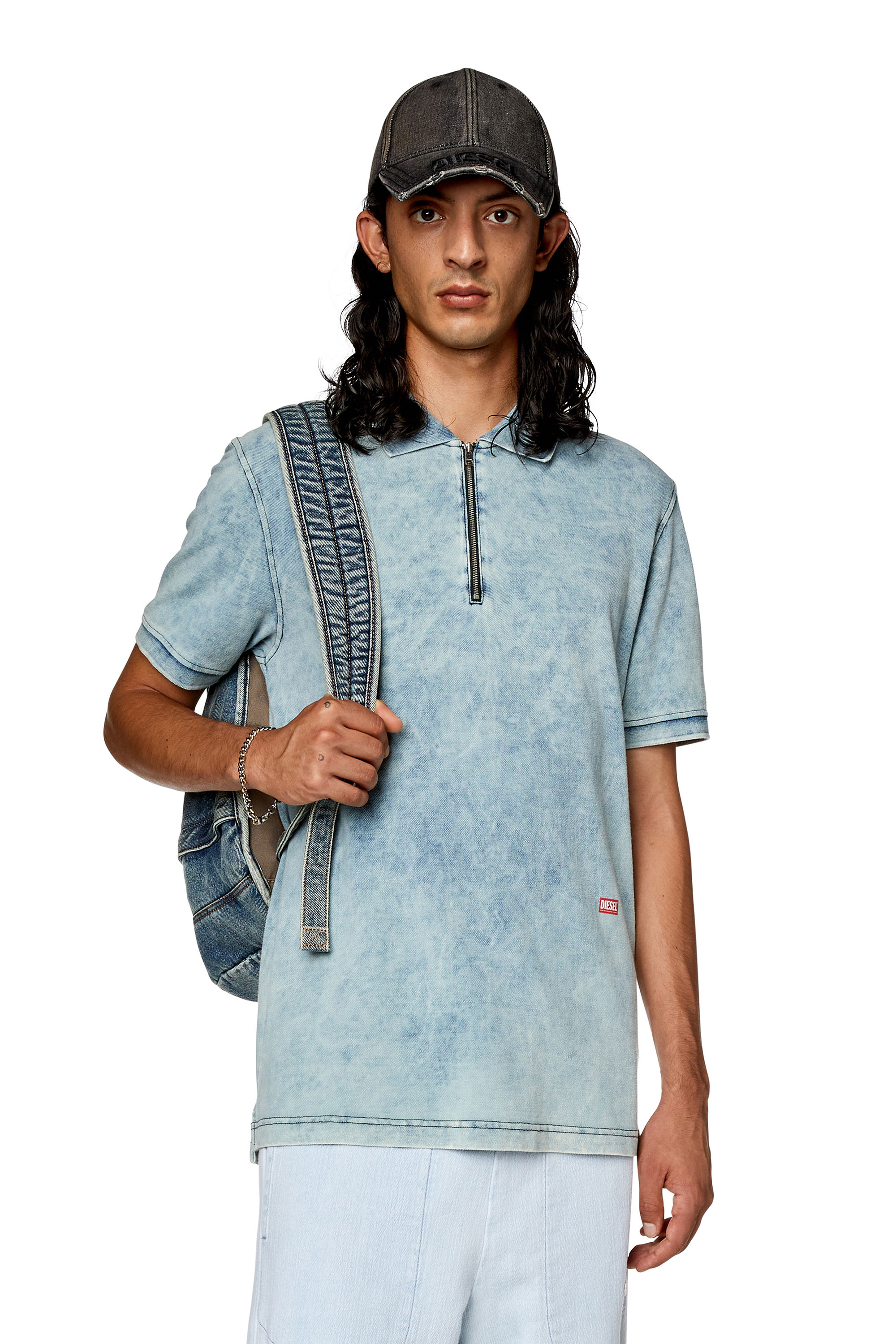 Diesel - T-SMITH-ZIP, Man's Polo shirt in faded piqu&eacute; in Light Blue - 3