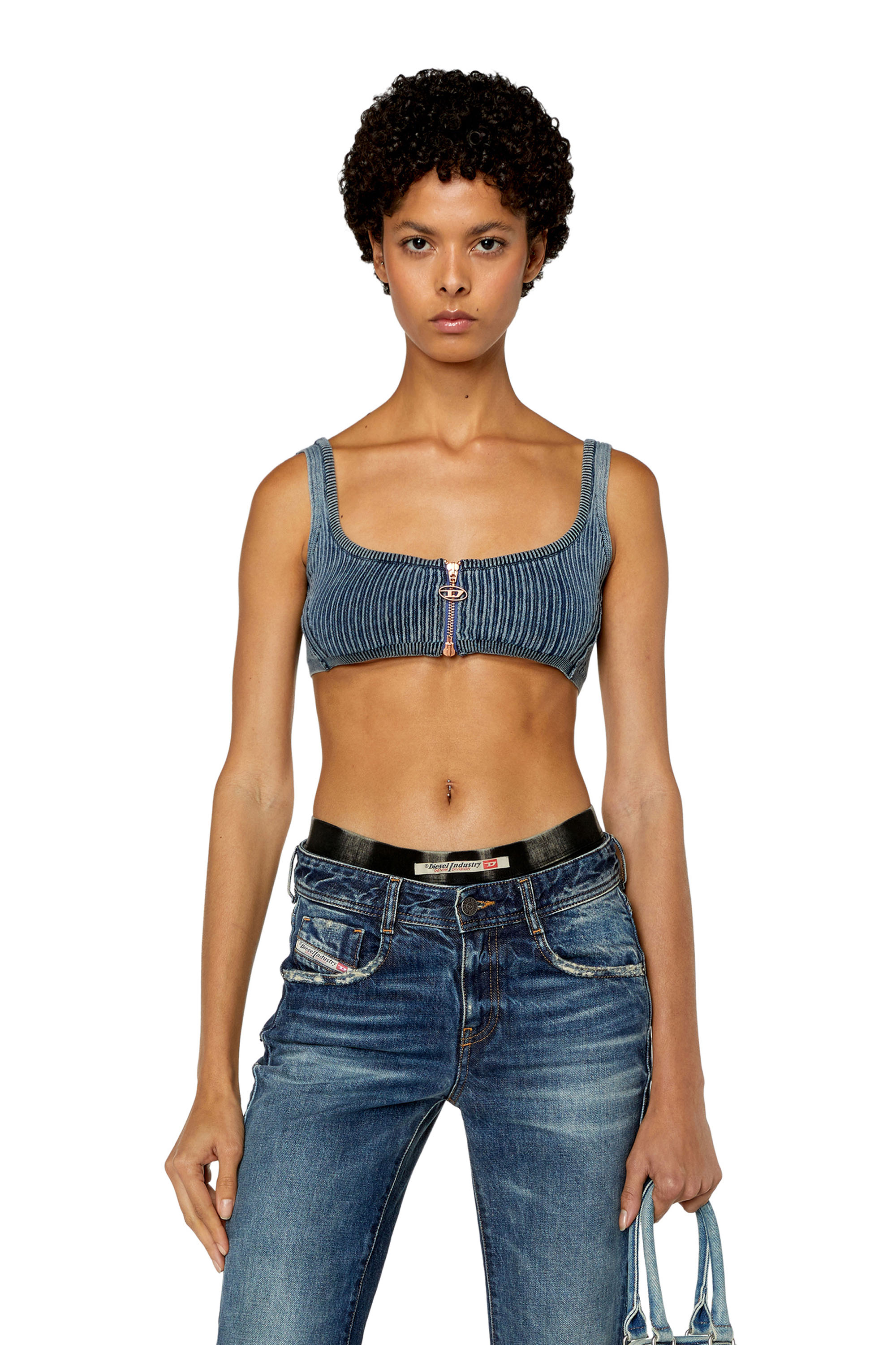 Diesel - M-ALTRE, Top cropped côtelé avec délavage héritage Femme in Bleu - 1