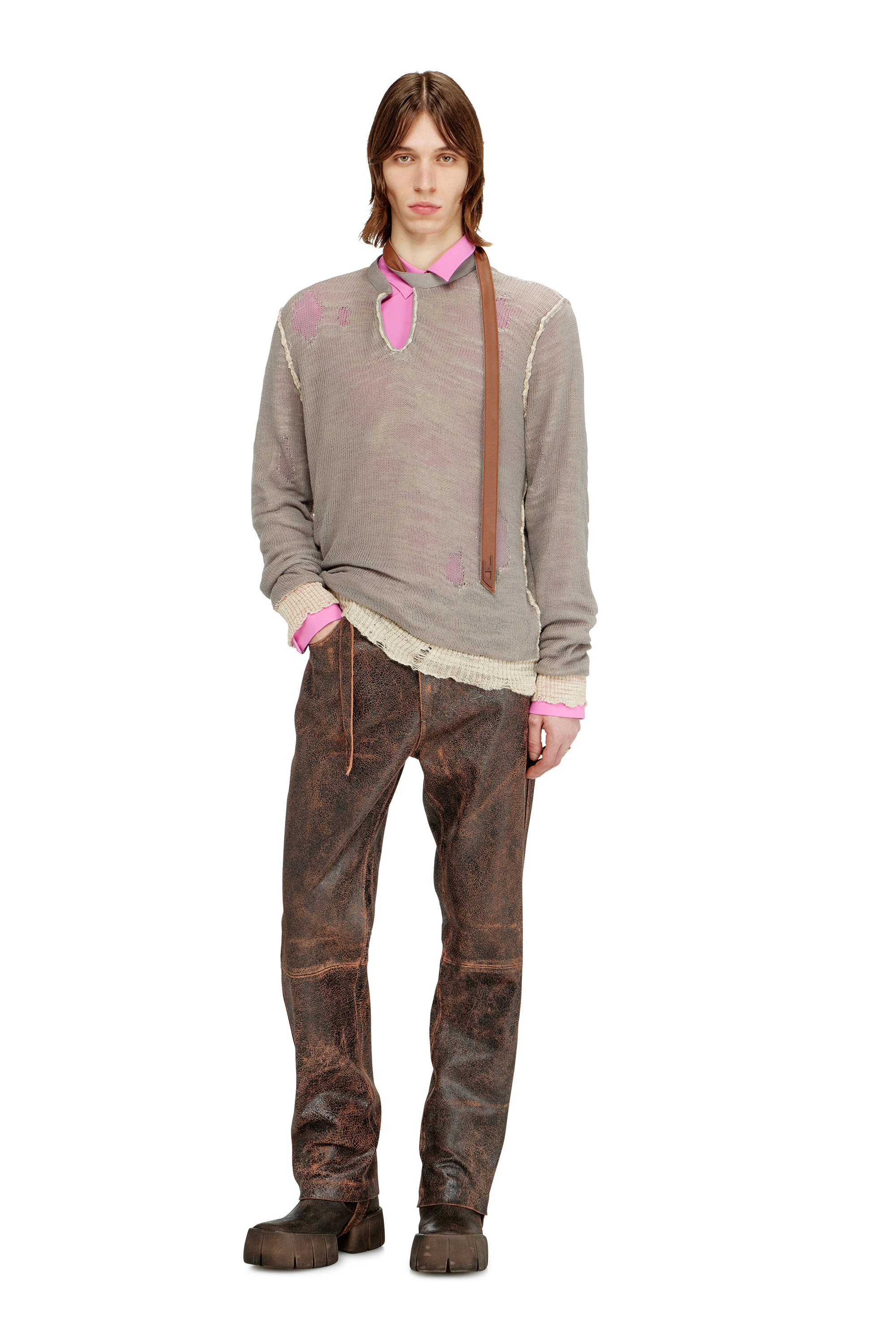 Diesel - K-DAIANERIS, Male's Distressed jumper with biker neck strap in Brown - 2