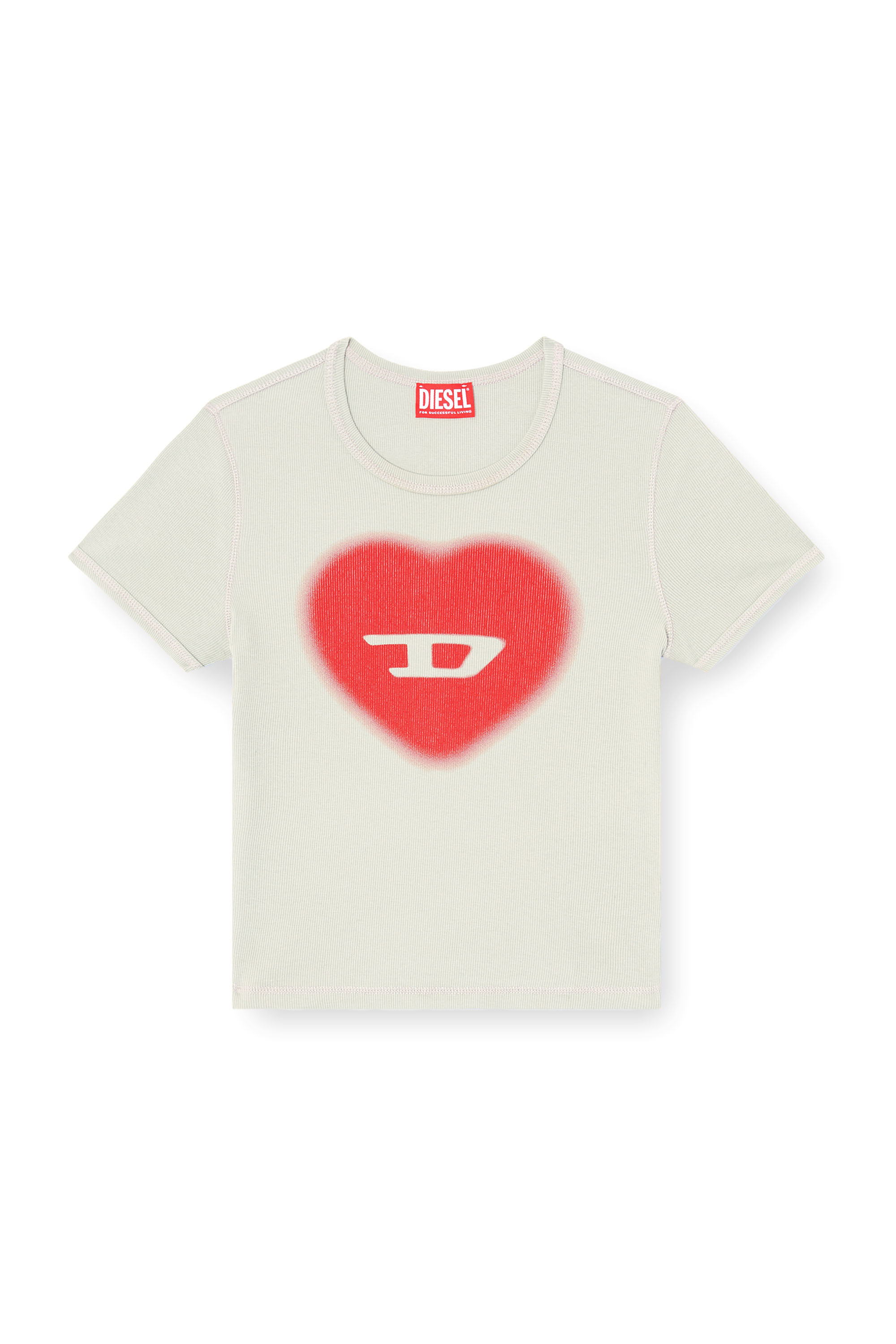 Diesel - T-ELE, Woman's Ribbed T-shirt with watercolour heart D in Light Grey - 3