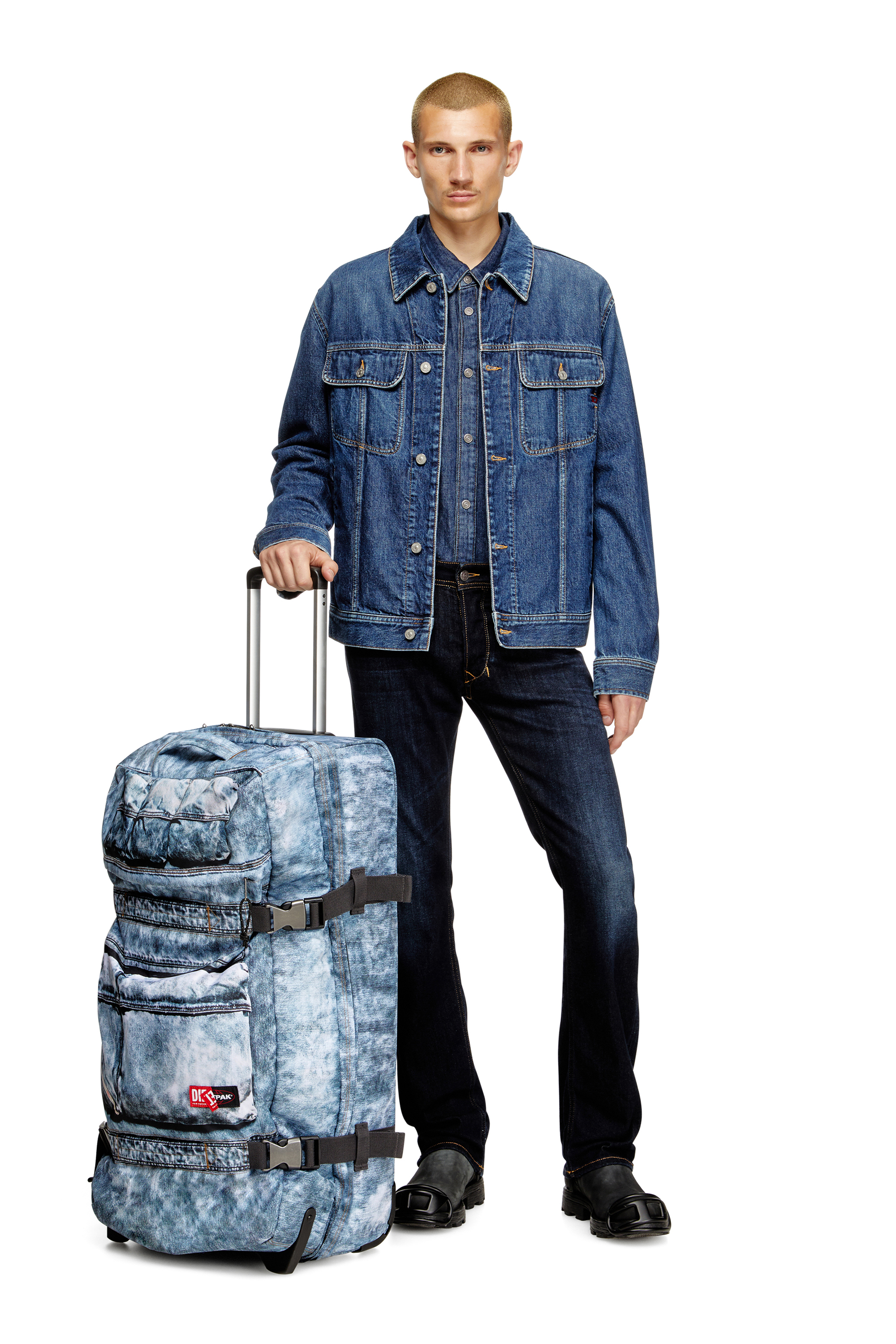 Diesel - DIESEL TRANSIT'R L, Unisex's Travel trolley in trompe l'oeil denim in Blue - 5