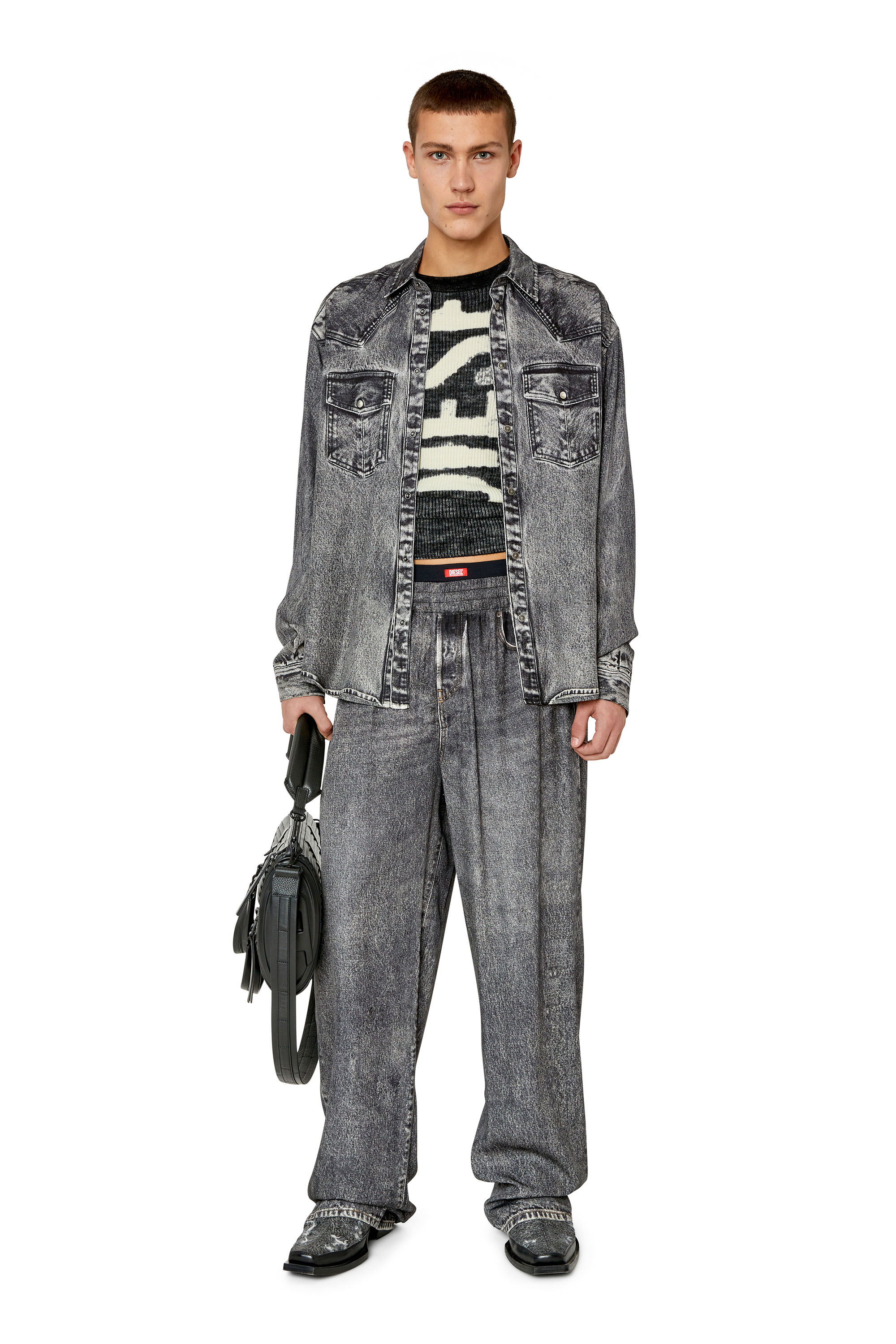 Diesel - P-FERGY-A, Man's Pants with trompe l'oeil denim print in Dark grey - 1
