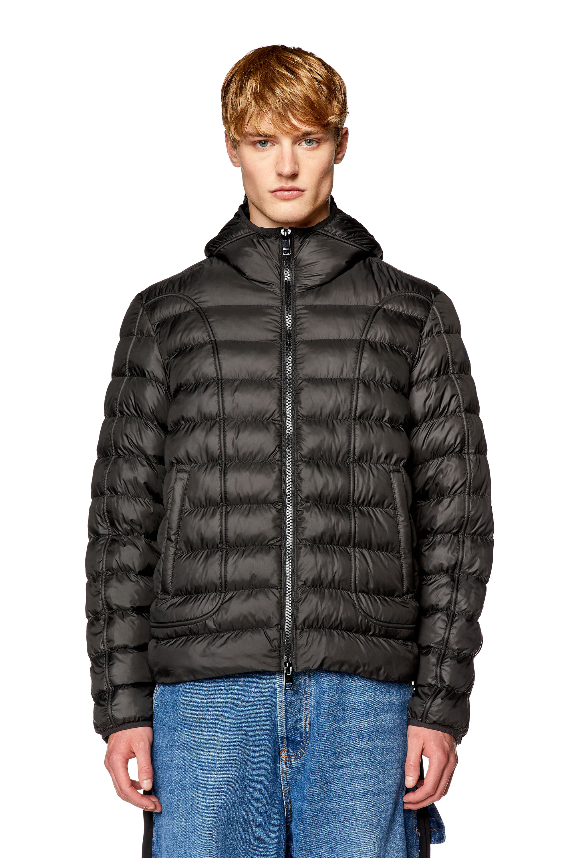 Men's Hooded nylon puffer jacket with piping | Black | Diesel US