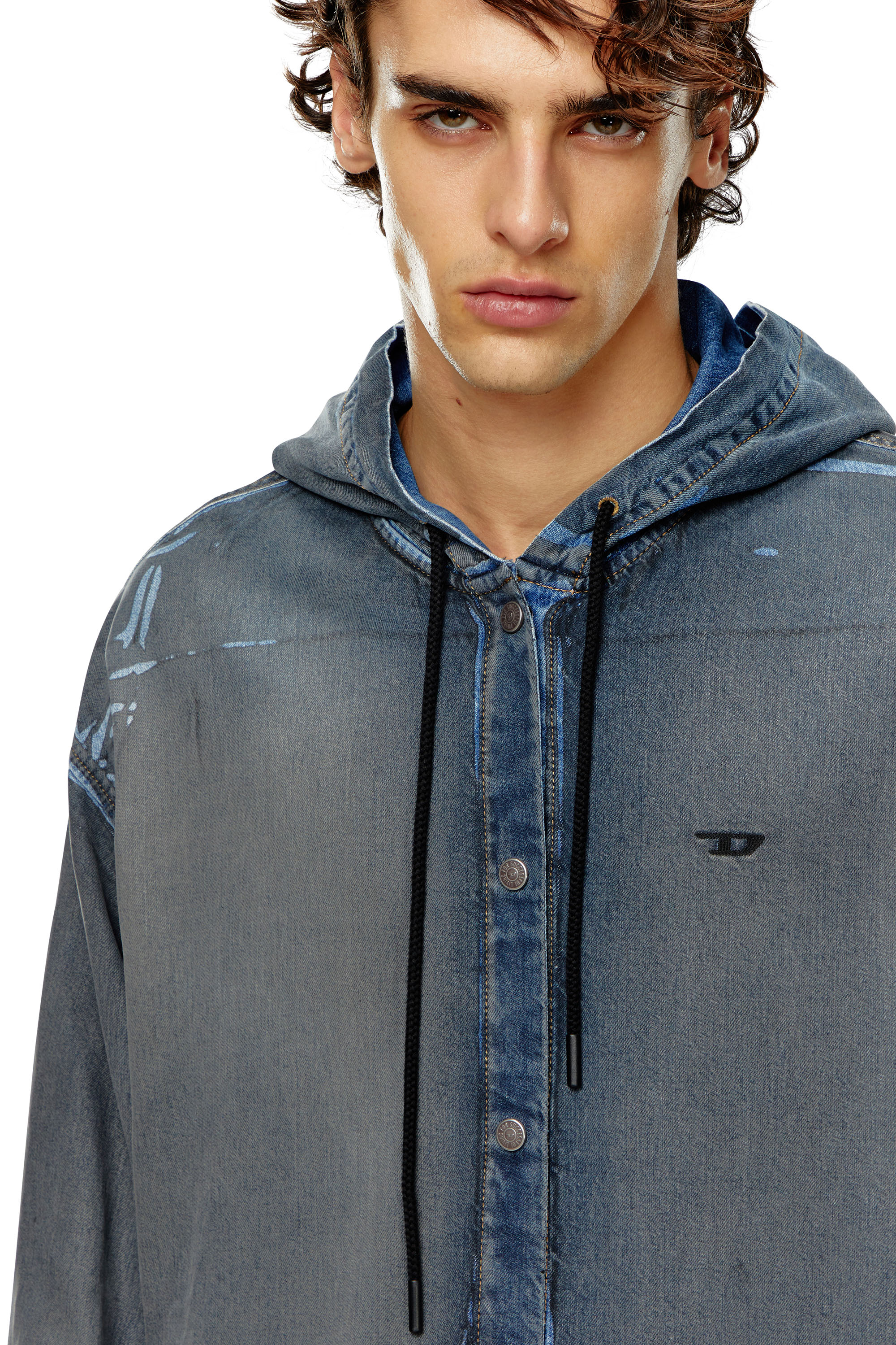 Diesel - D-DEWNY-HOOD-S1, Man's Hybrid shirt in worn-effect coated denim in Dark Blue - 4