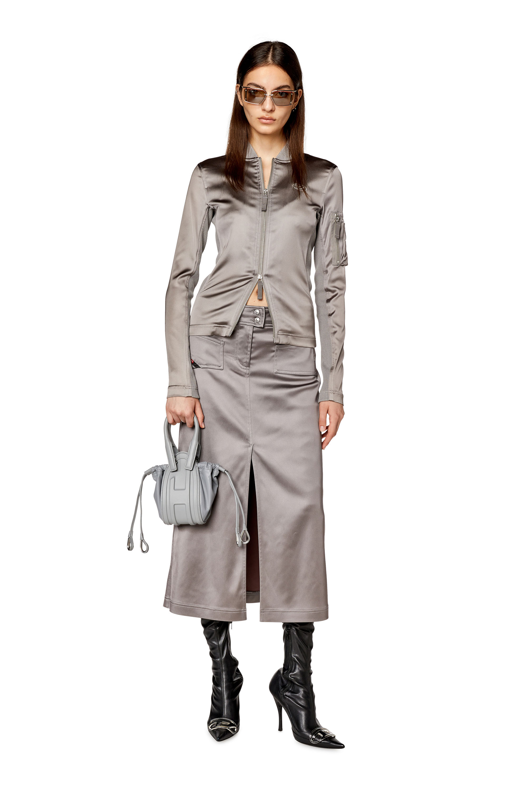 Diesel - O-YIN, Woman's Midi skirt in shiny stretch satin in Grey - 1