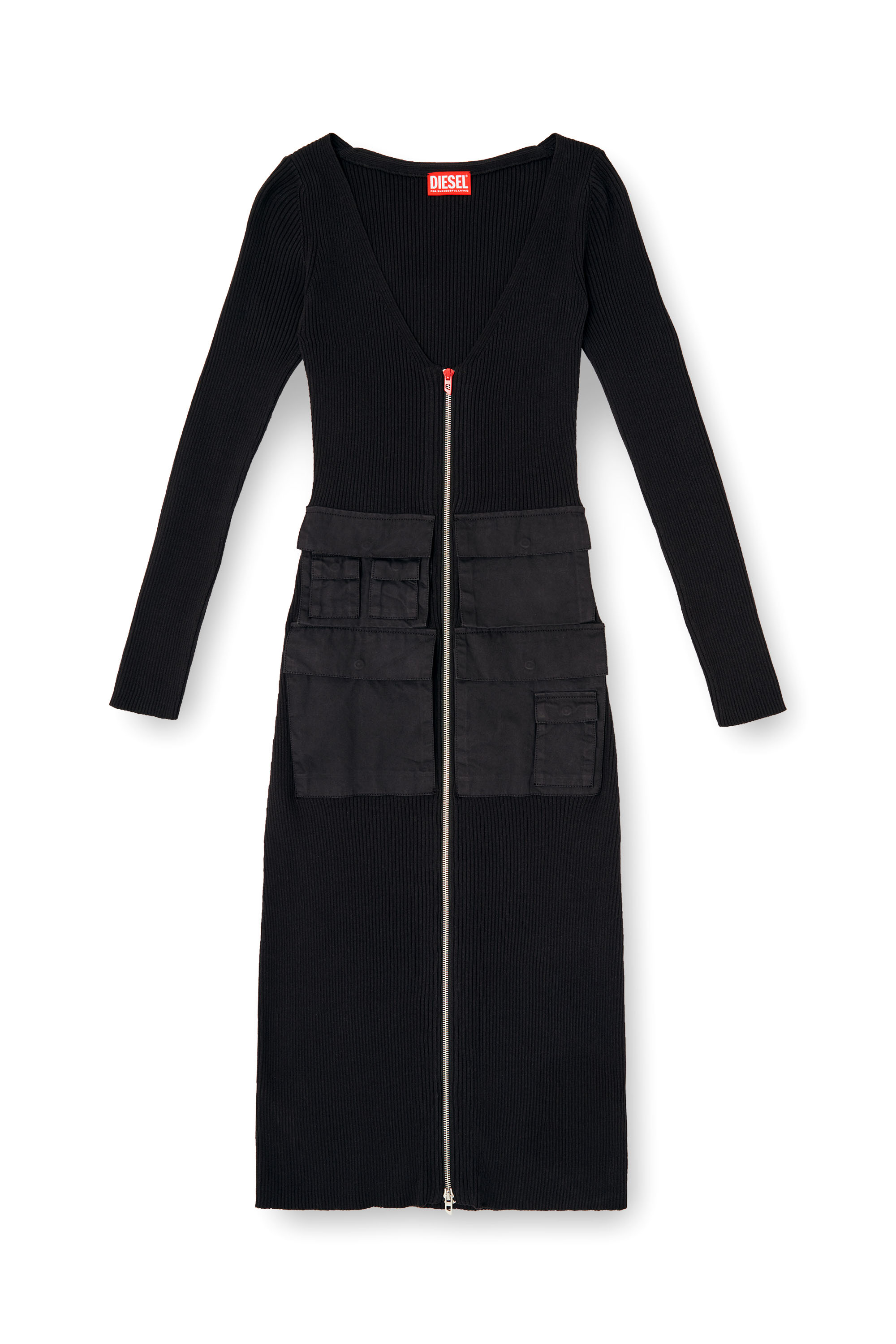 Diesel - M-MELTI-LS, Female's Ribbed midi dress with cargo pockets in Black - 3