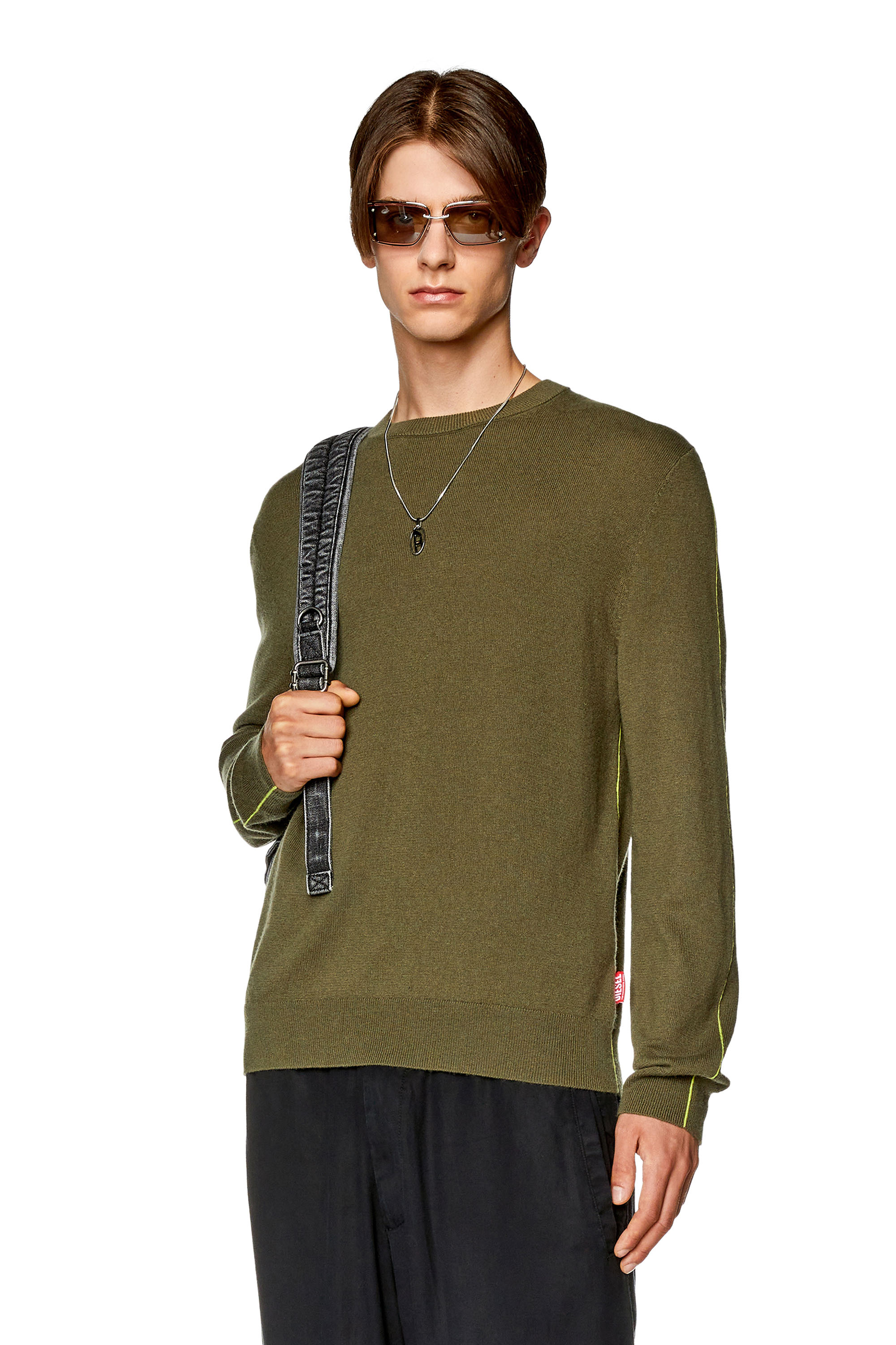 Diesel - K-VROMO, Man's Jumper with contrast piping in Olive Green - 3