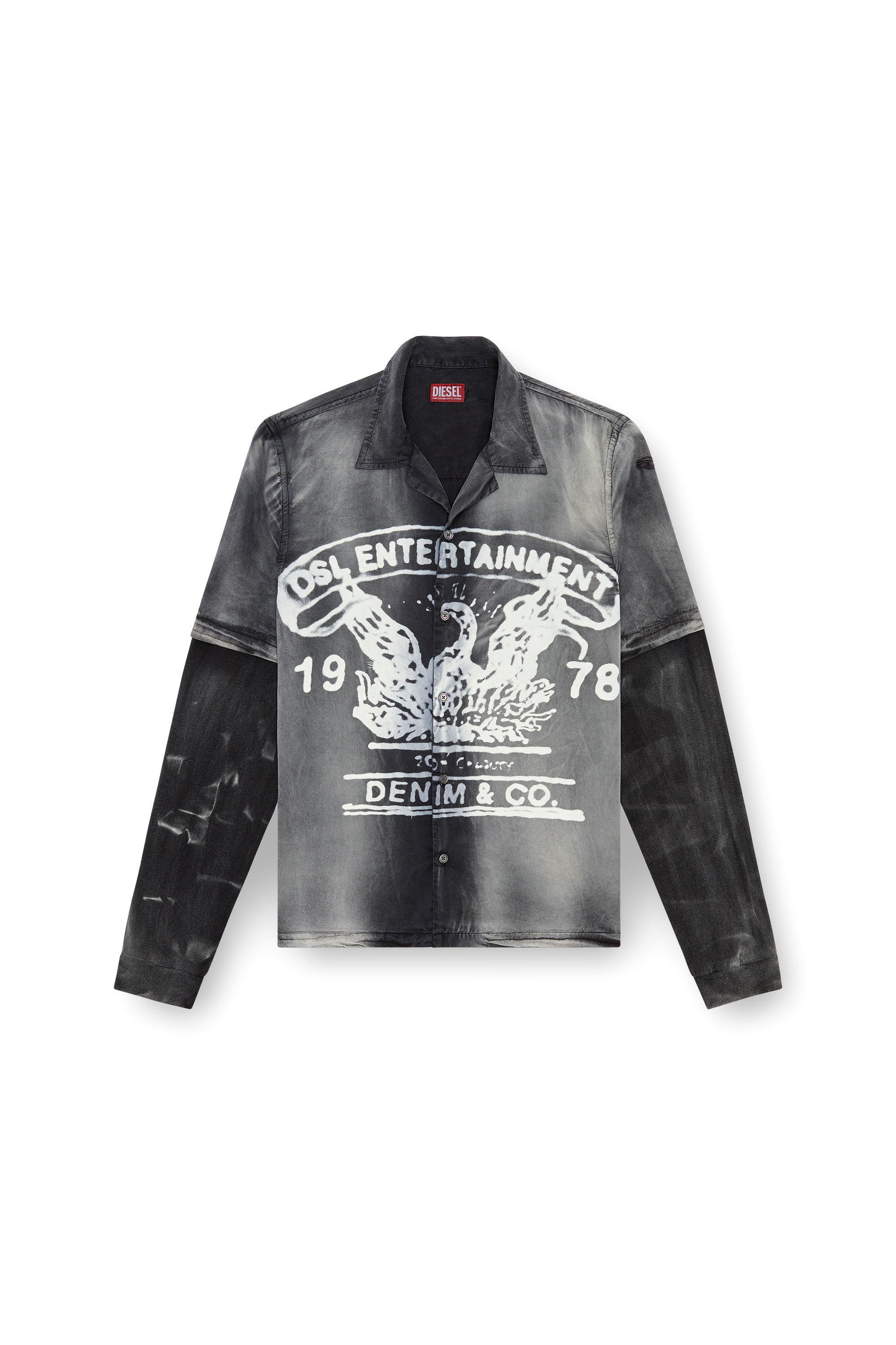 Diesel - S-EEKLO, Male's Faded bowling shirt with logo graphic in Black/Grey - 4