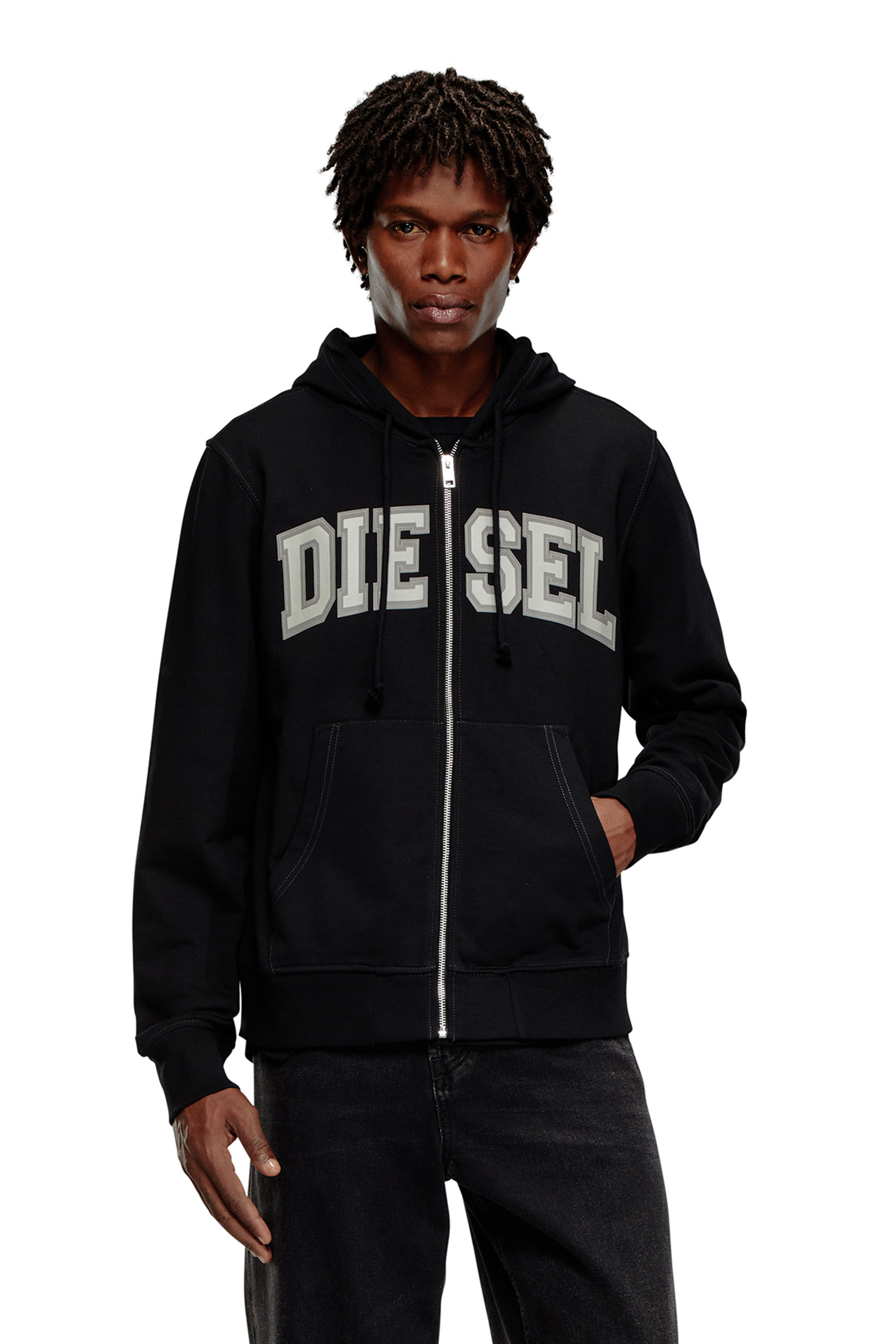 Men's Zip-up hoodie with collegiate graphics | Black | Diesel