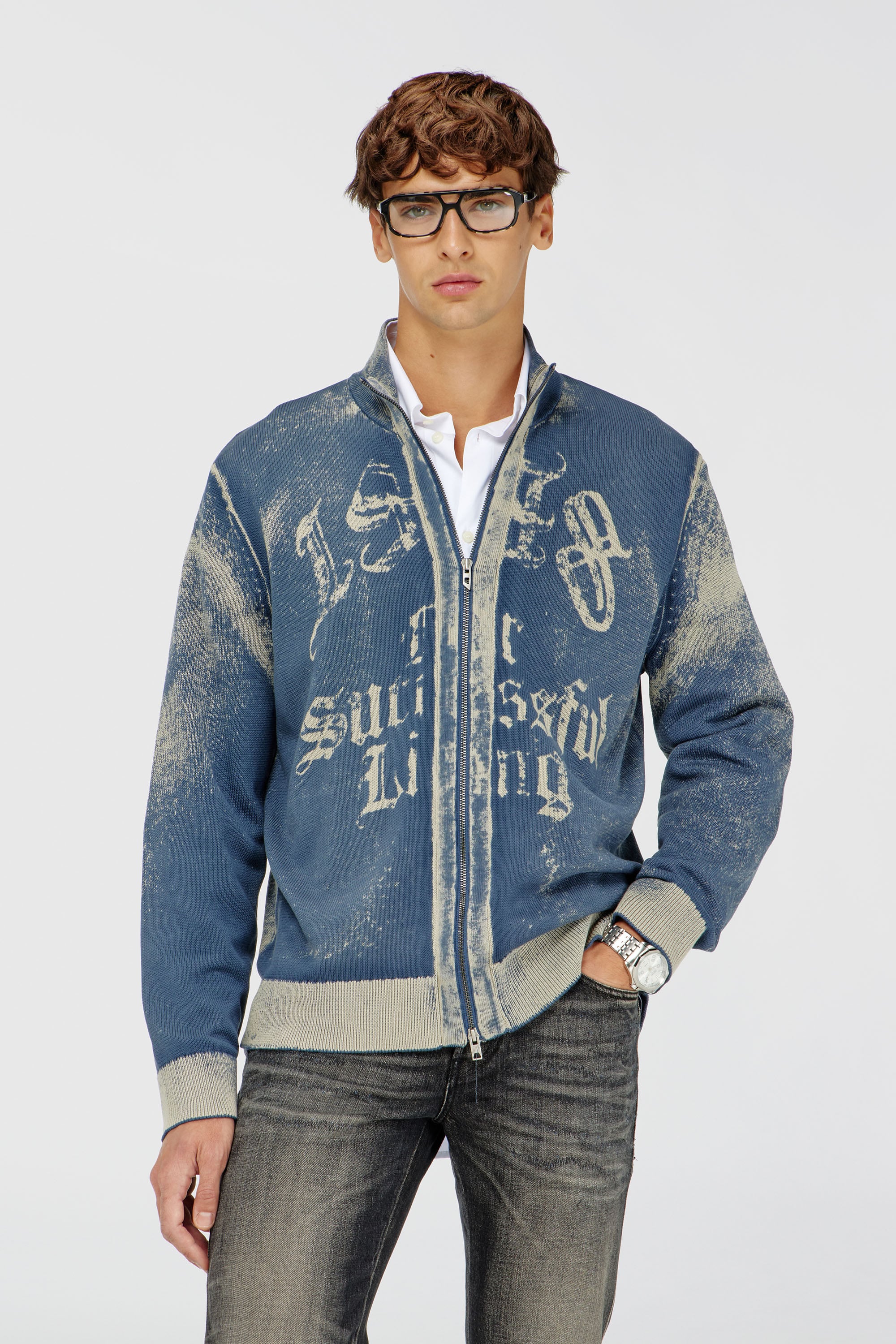 Diesel - K-LAUROS-A, Man's Zip-up cardigan in cotton with reverse print in Medium blue - 1