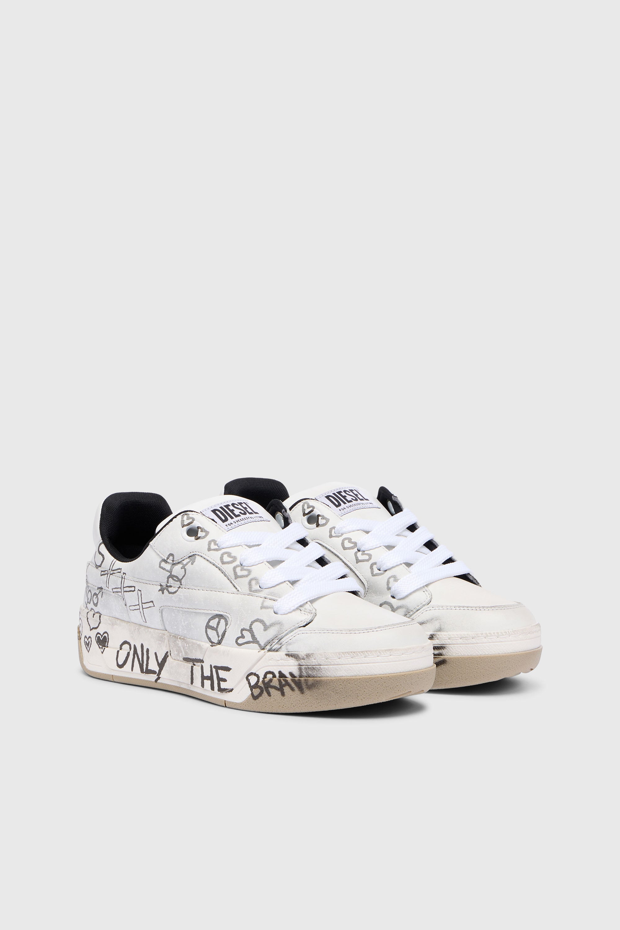 Diesel - S-D-OLLIE LOW W, Female's D-Ollie-Leather sneakers with graffiti print in White/Brown - 2
