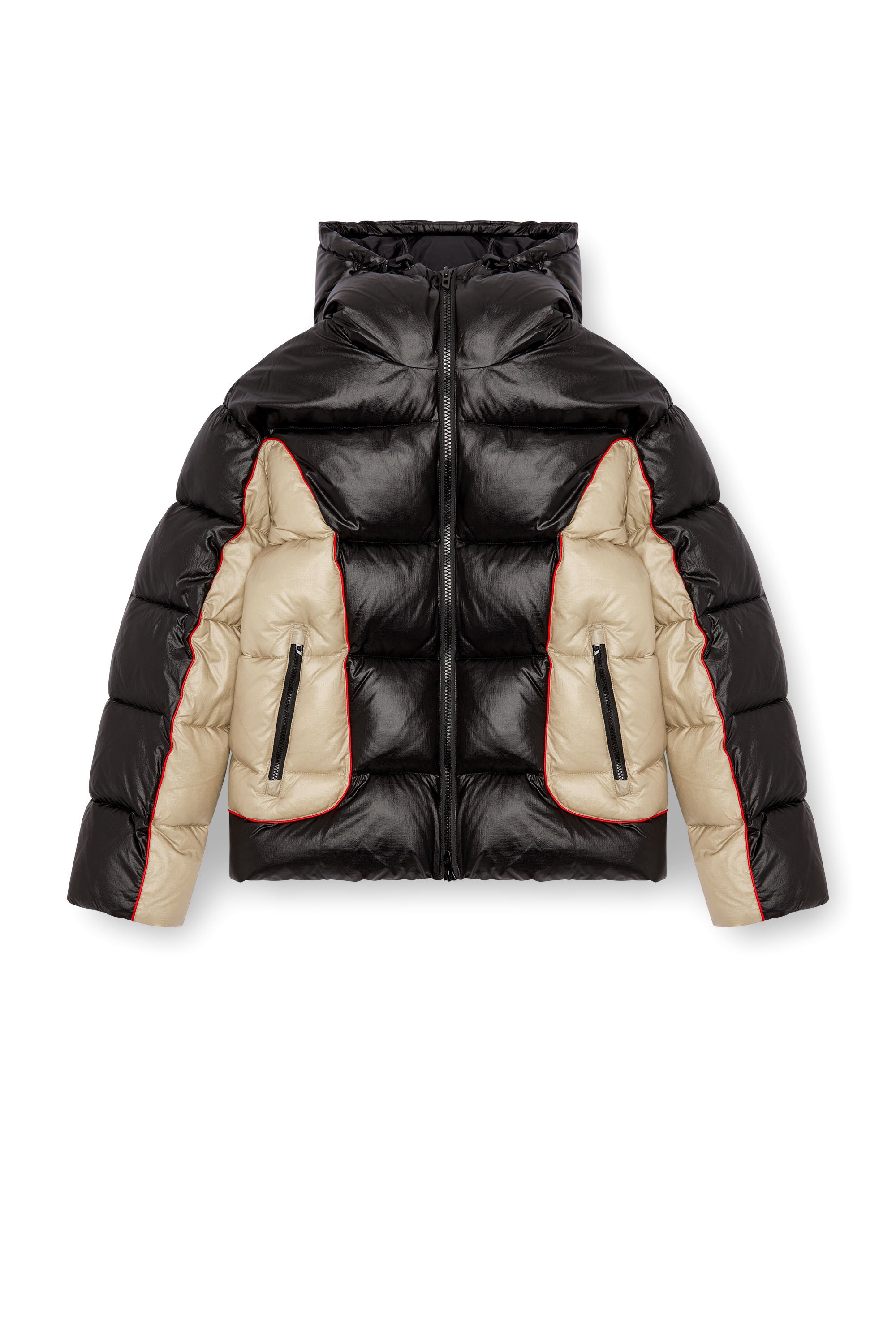 Diesel - W-OSTEND, Man's Hooded puffer jacket in shiny ripstop in Black/Beige - 3