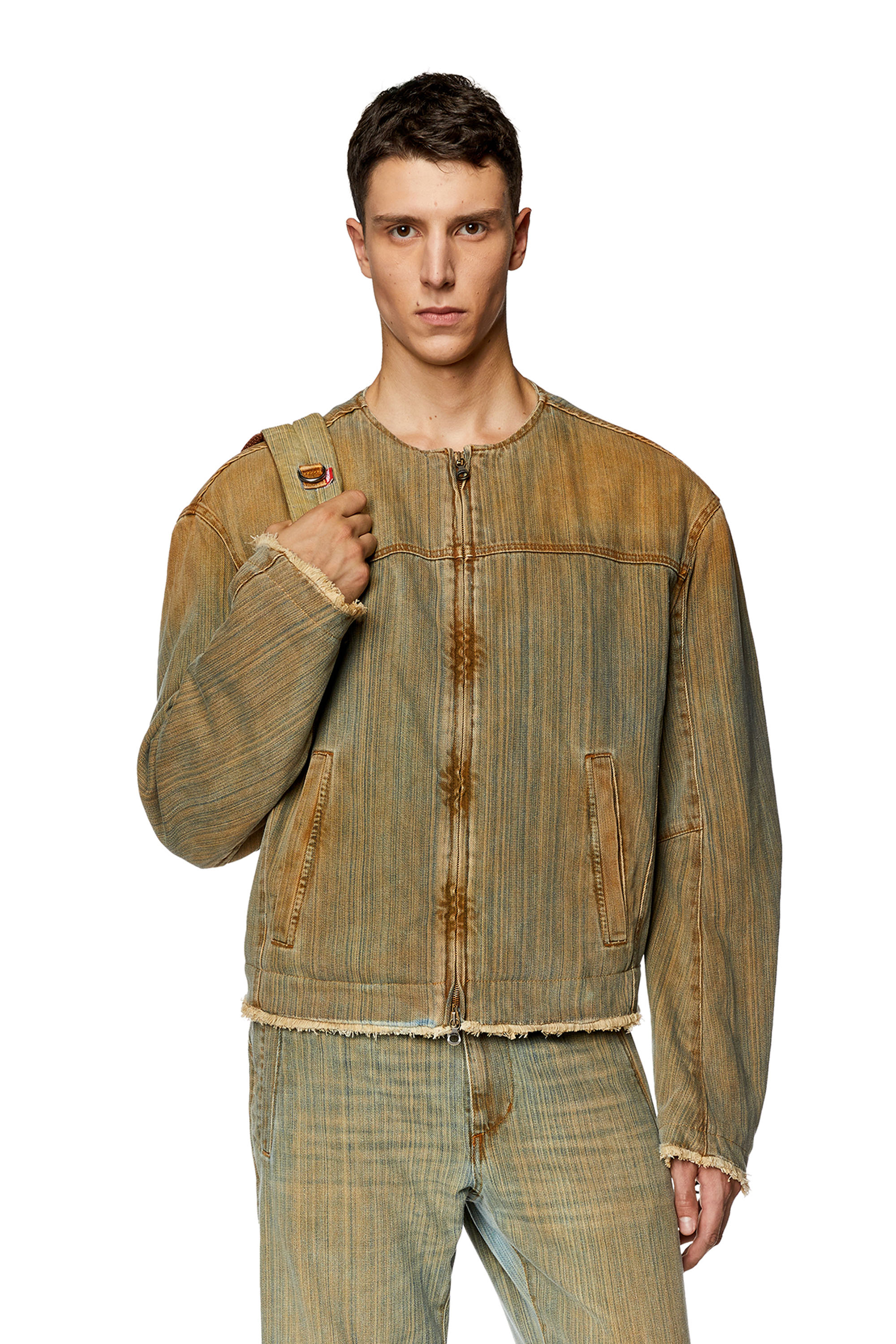 Diesel - D-MARGE-FSD, Man's Zipped jacket in streaky denim in Beige/Blue - 3