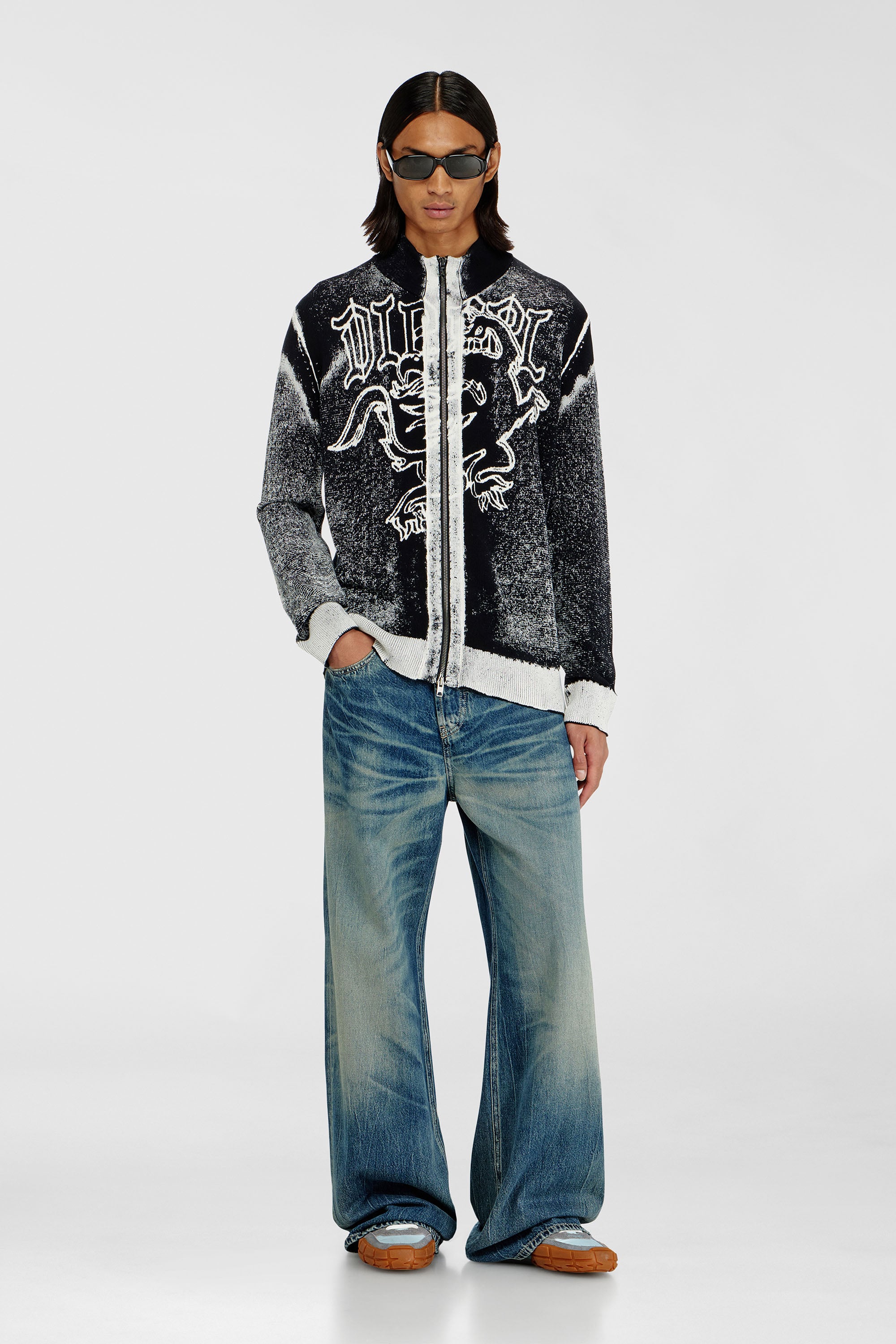 Diesel - K-LAUROS, Male's Treated zip cardigan with griffin motif in Black/White - 2