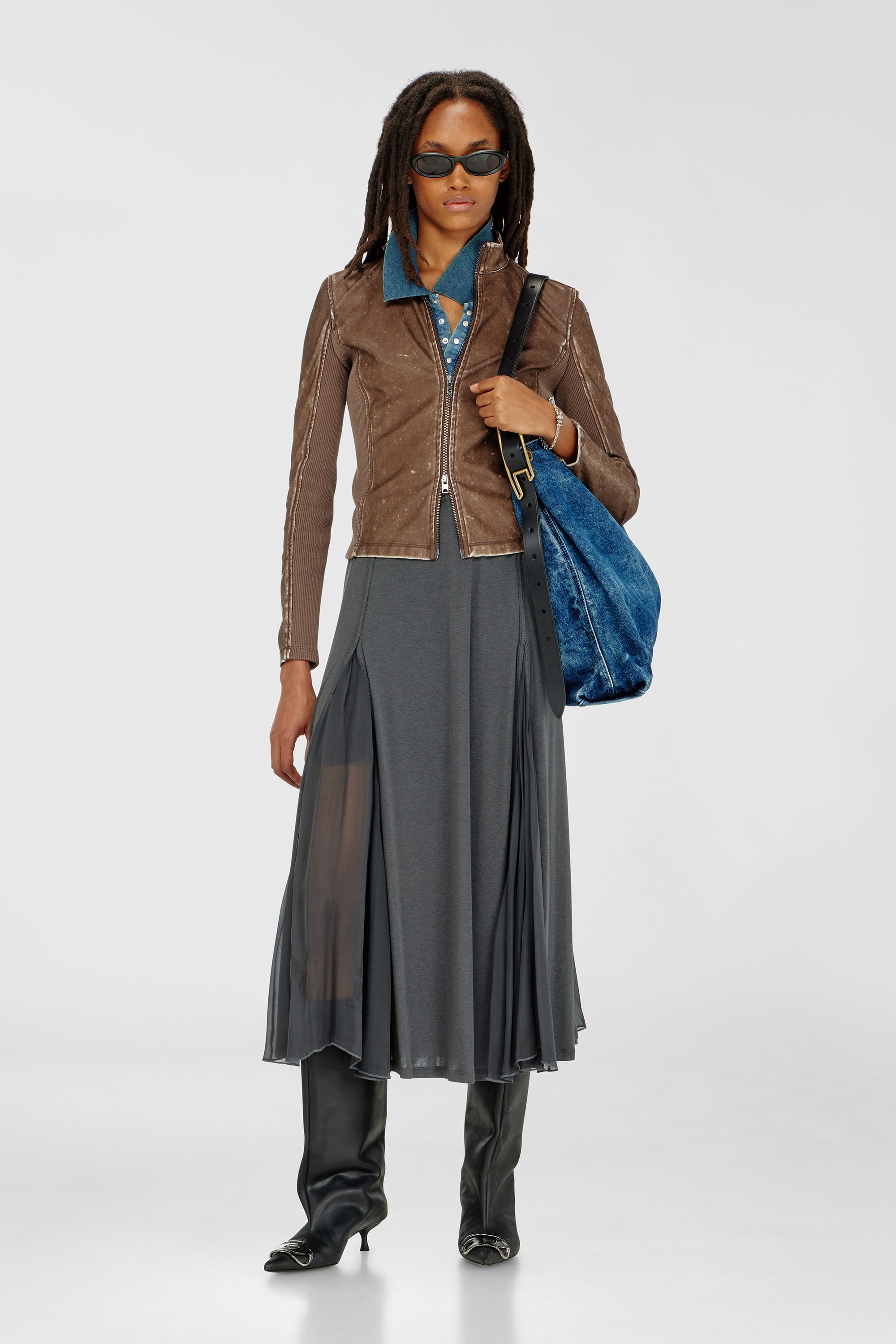 Diesel - O-LONGREI, Female's Midi skirt in ribbed jersey and chiffon in Grey - 1