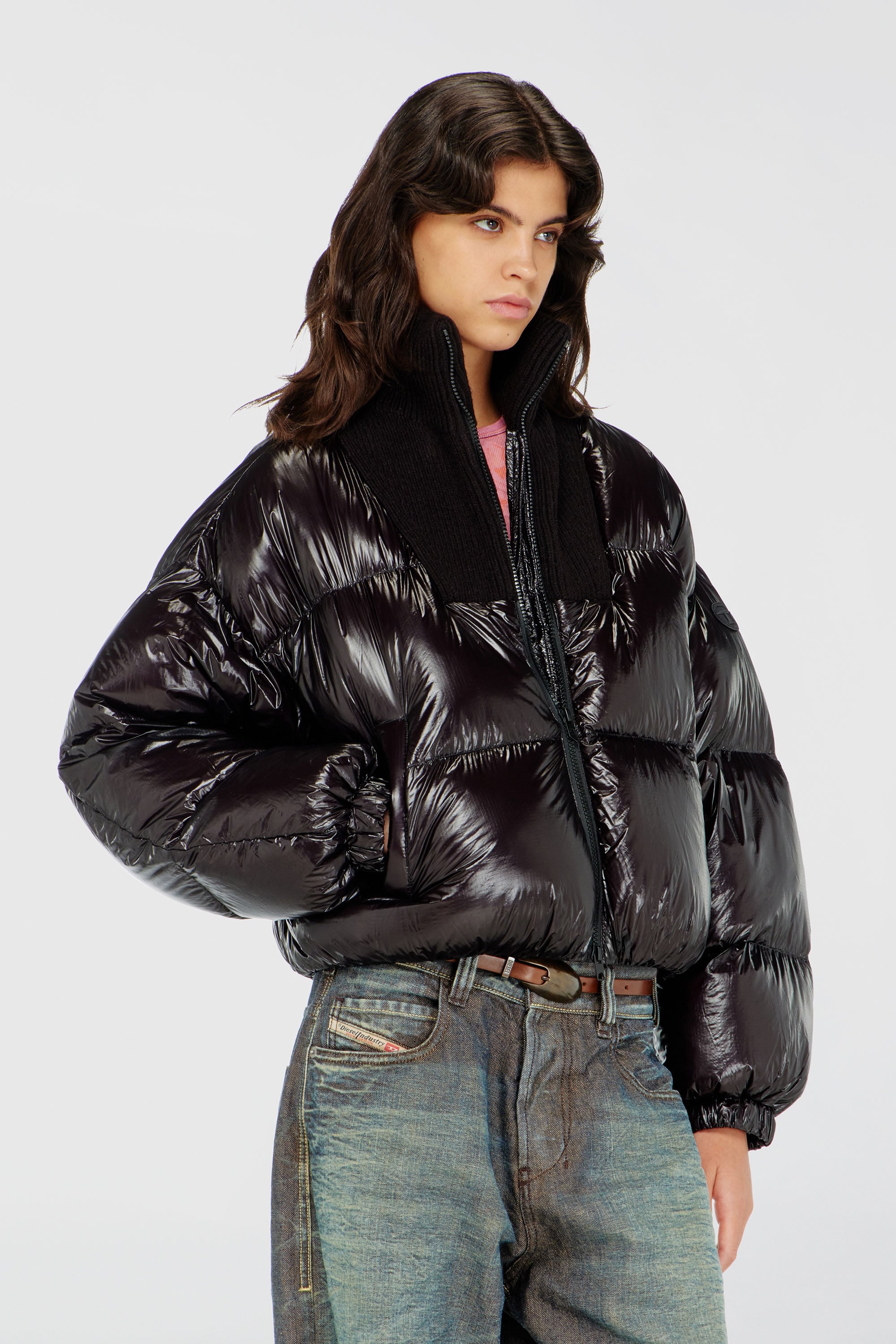 Diesel - W-ARRIOR, Chaqueta acolchada down en ripstop con cuello de punto Mujer in Negro - 1