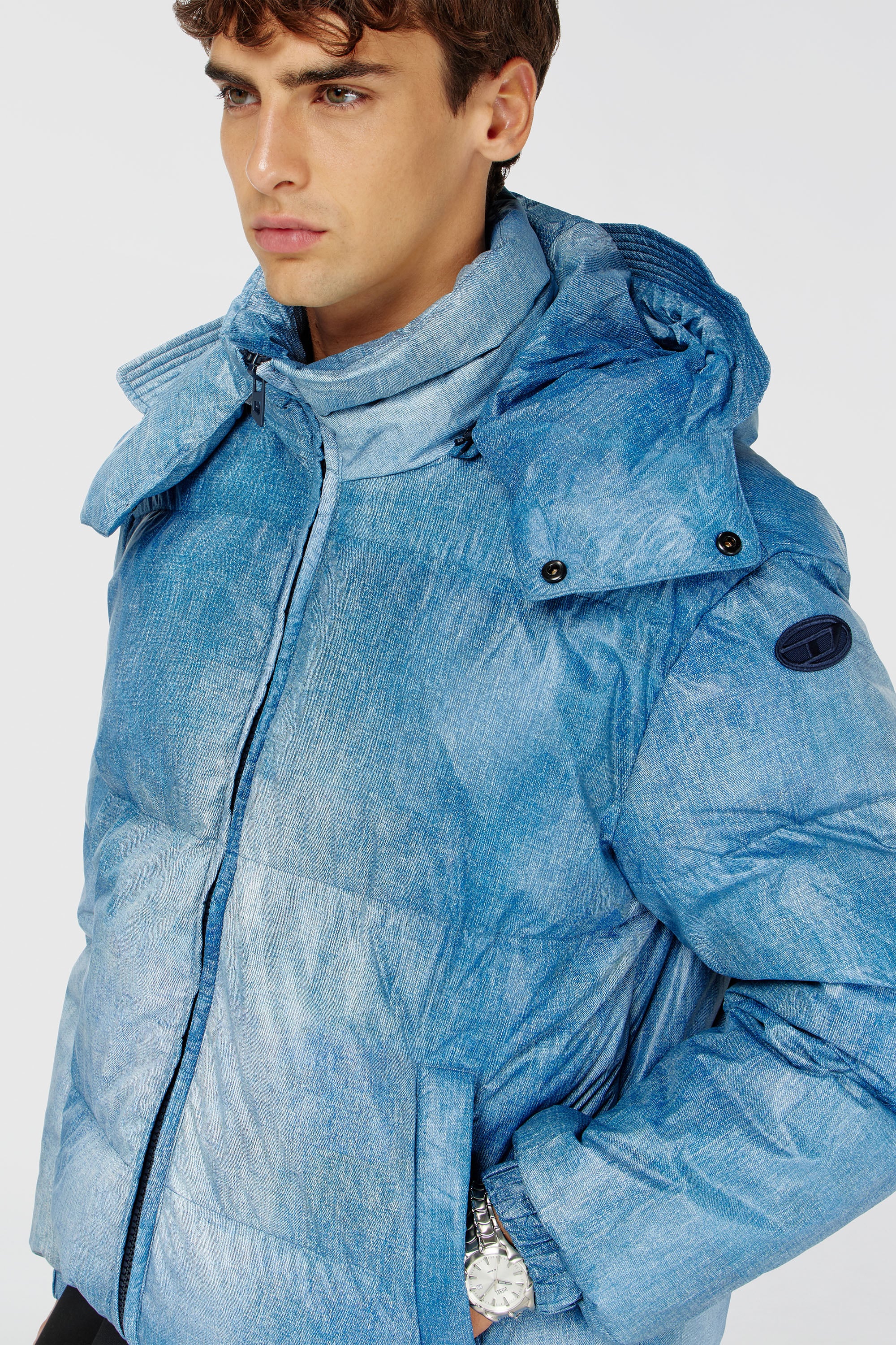 Diesel - W-ROLLY-WRD-BFBN, Man's Hooded down jacket with denim-effect print in Light Blue - 5