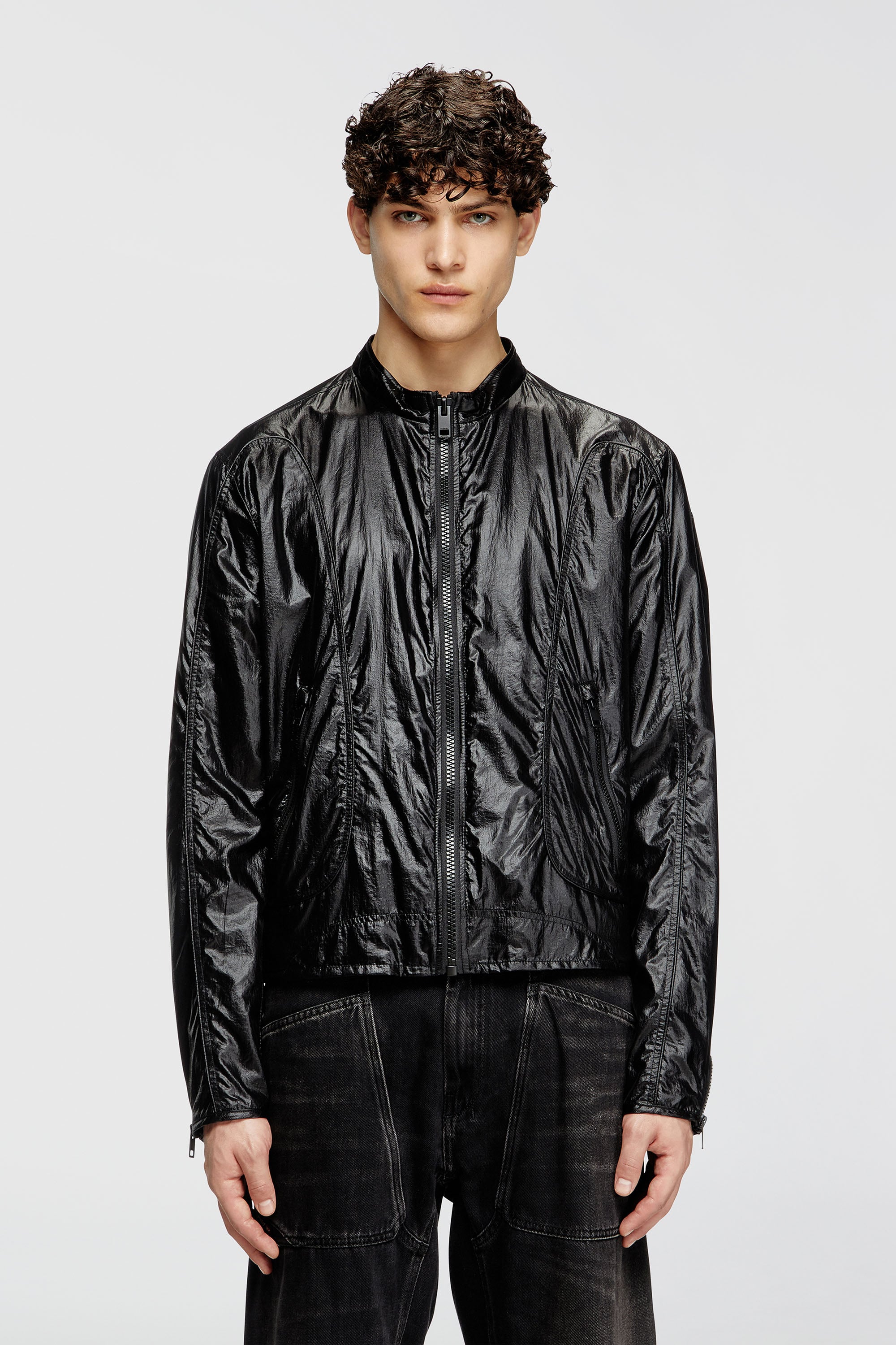 Diesel - J-CLAYS, Male's Biker jacket in shiny ripstop in Black - 1
