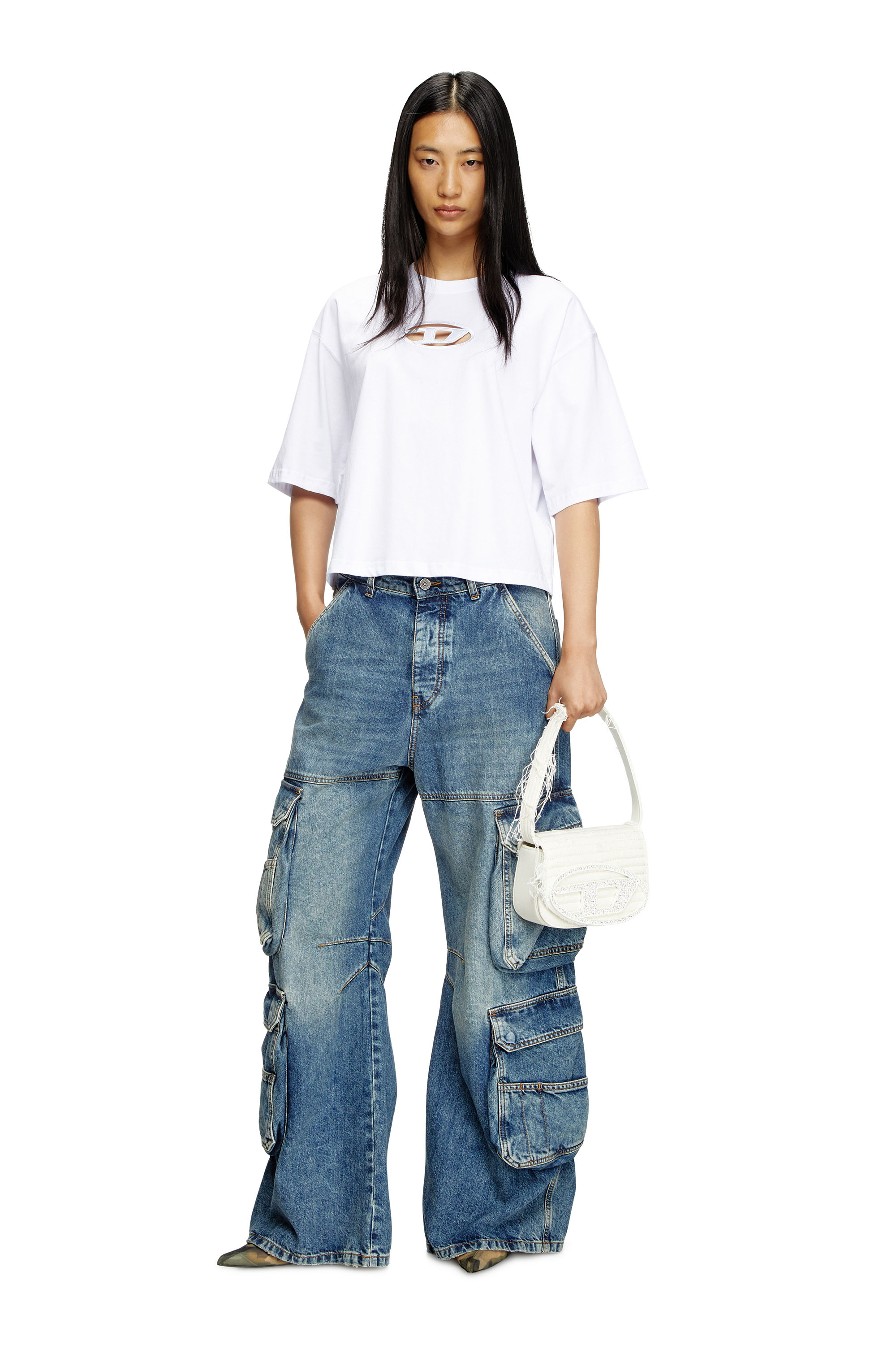 Diesel - 1DR, Woman's 1DR-Iconic shoulder bag in canvas and leather in White - 2