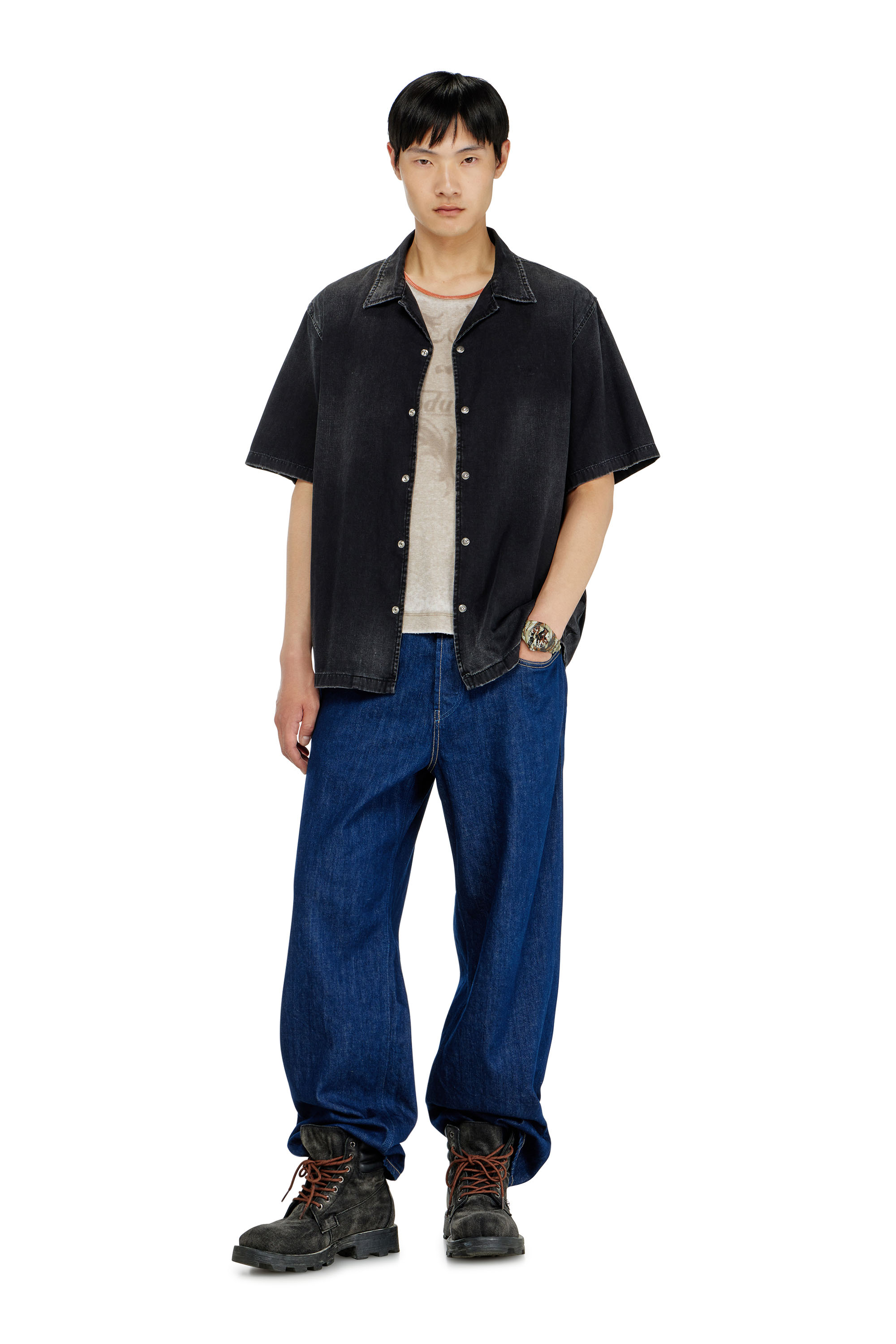 Diesel - D-NABIL-D, Male's Denim short-sleeve shirt in Black - 1