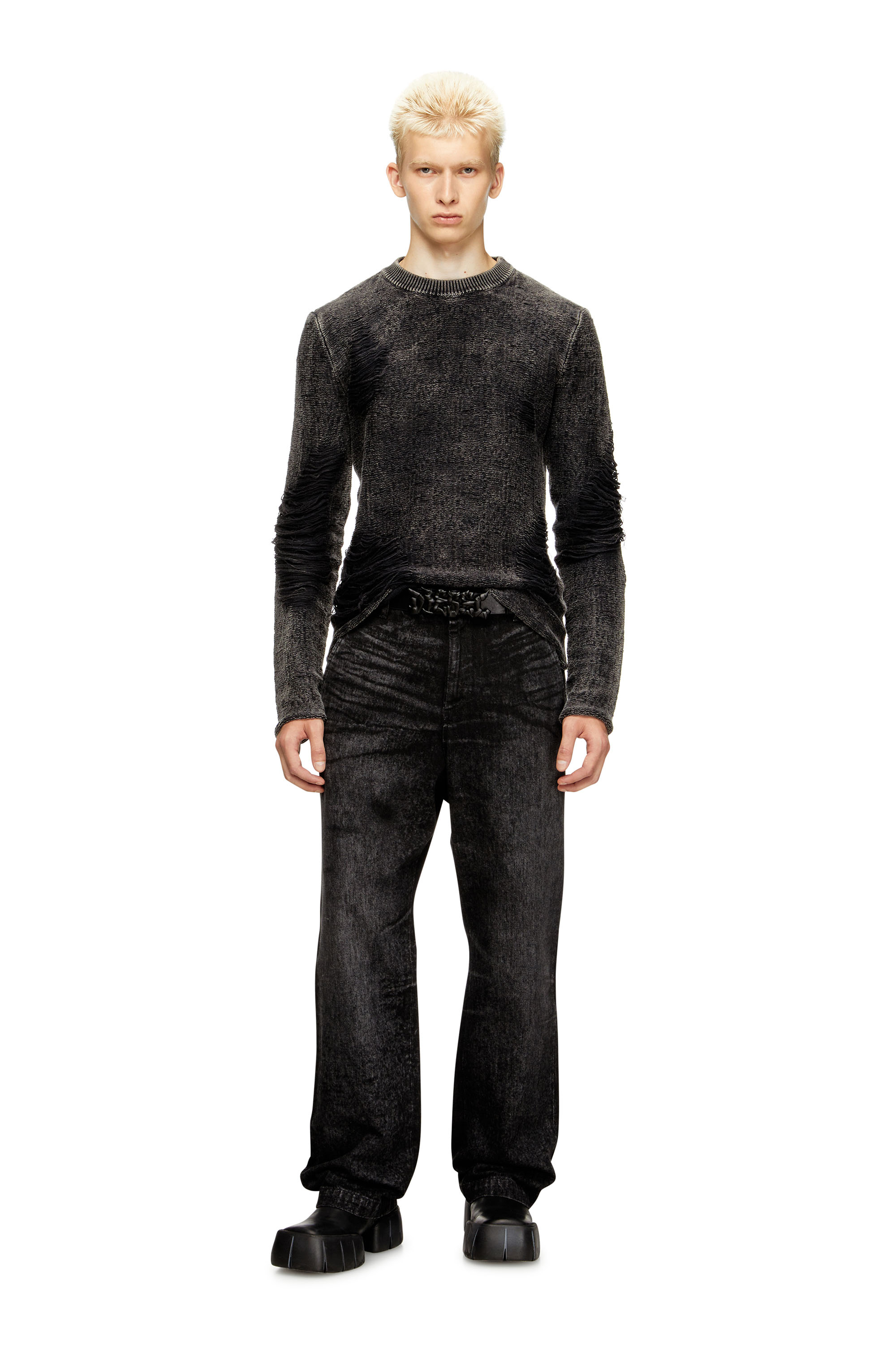 Diesel - K-FJORDI-ROUND, Male's Destroyed jumper with floating yarns in Black - 2