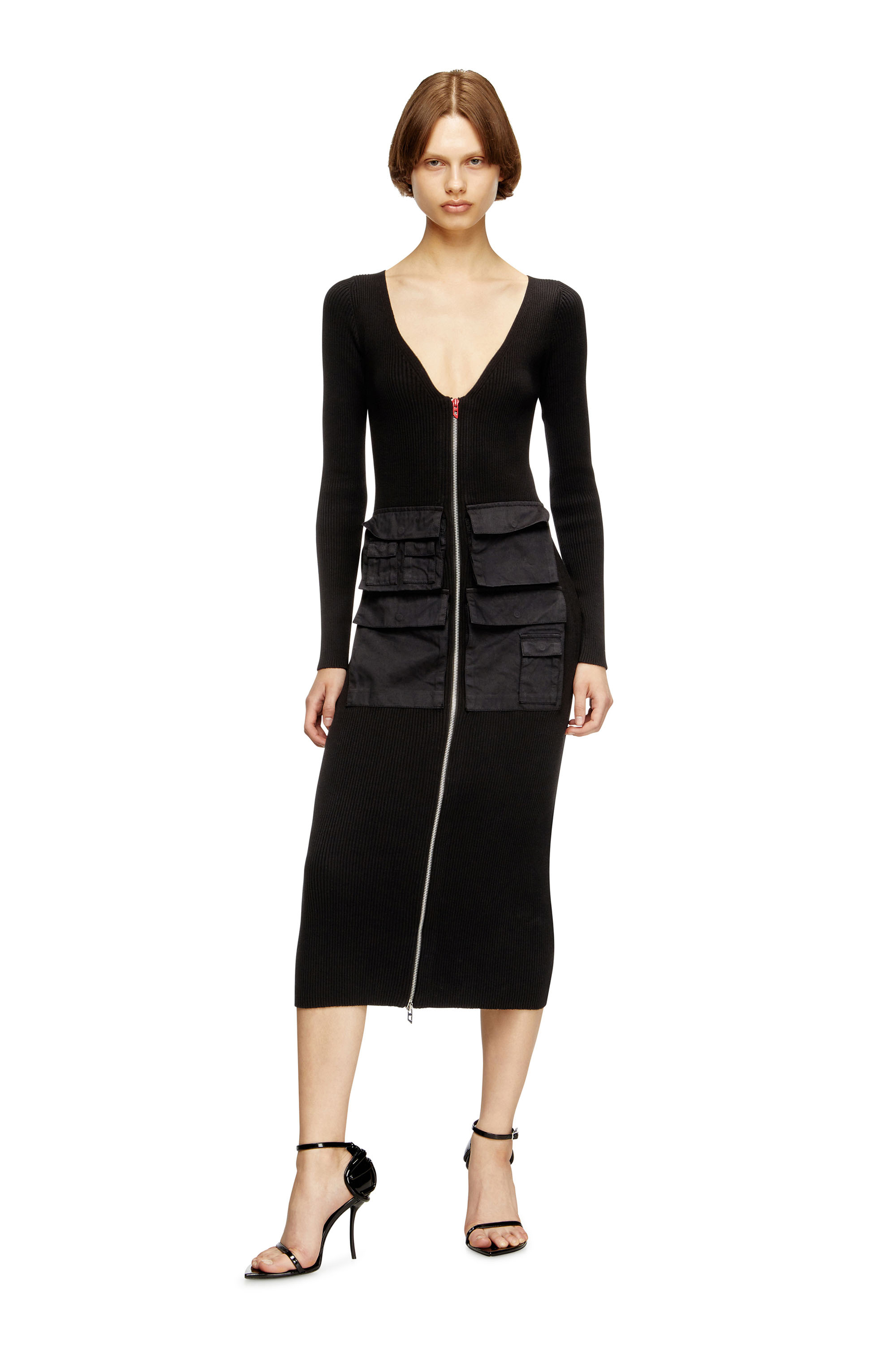 Diesel - M-MELTI-LS, Female's Ribbed midi dress with cargo pockets in Black - 2