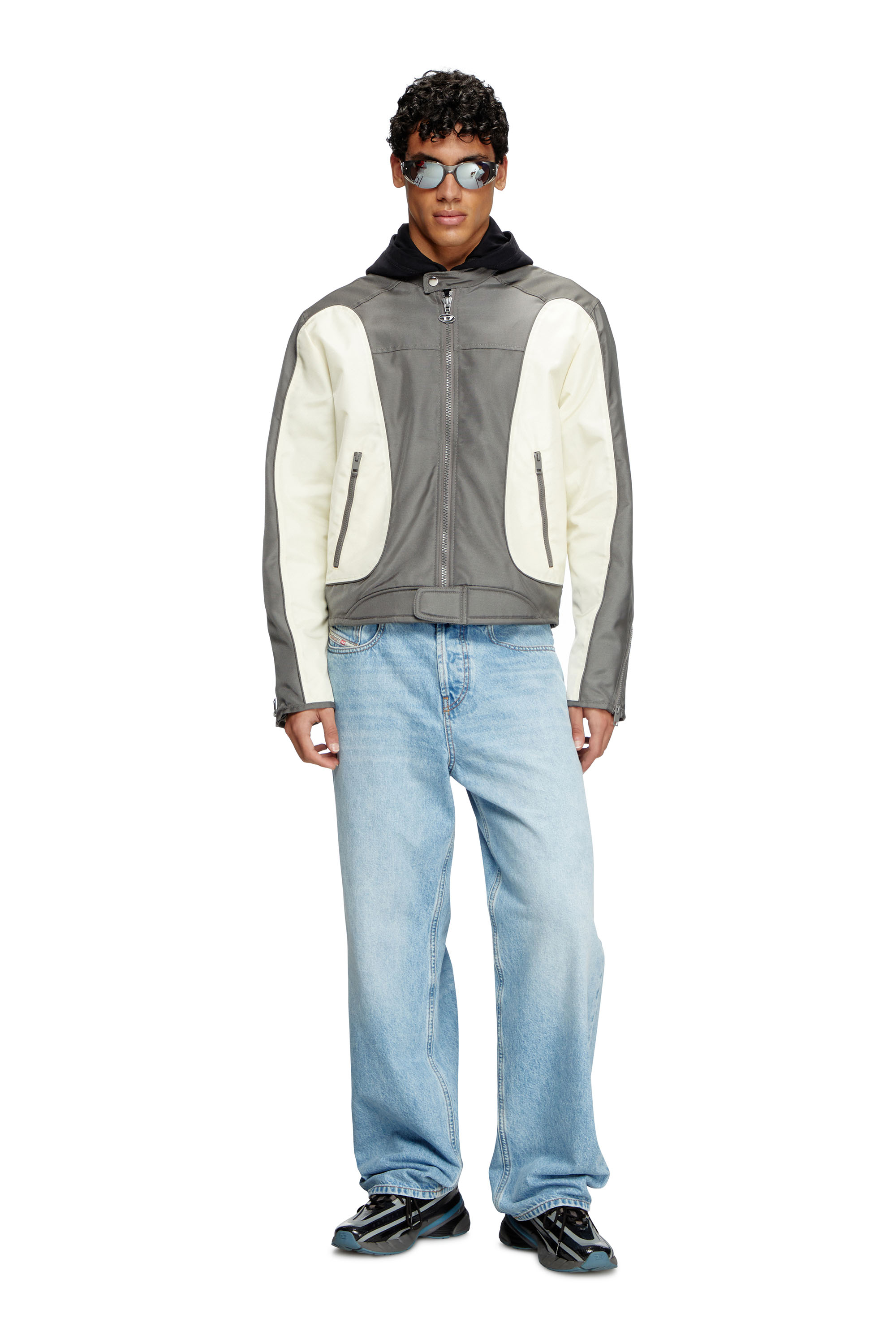 Diesel - J-BLINK-A, Male's Colour-block biker jacket with piping in Grey/White - 1