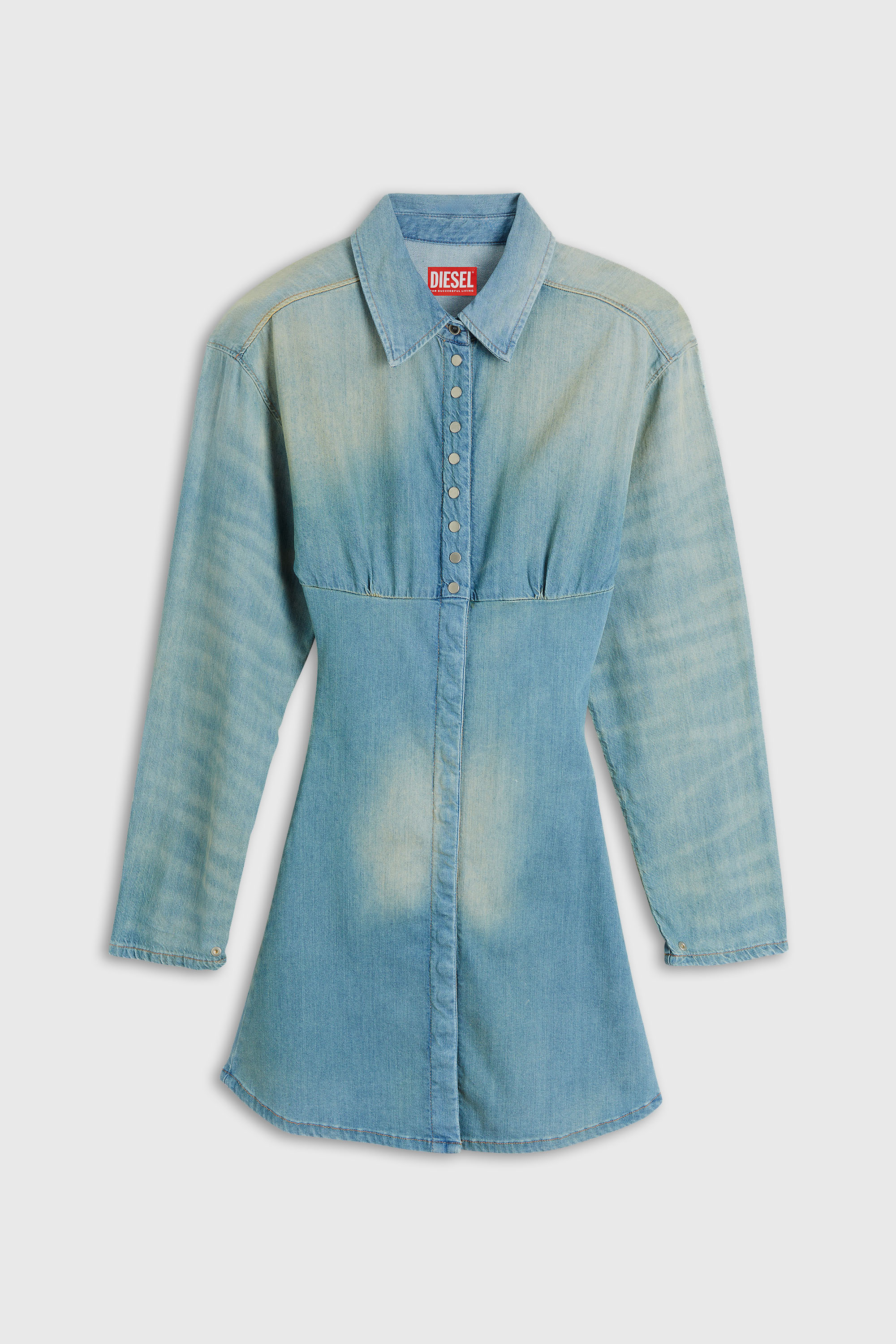 Diesel - DE-VIOLIM-S, Woman's Denim mini shirt dress with sectioned design in Light Blue - 2