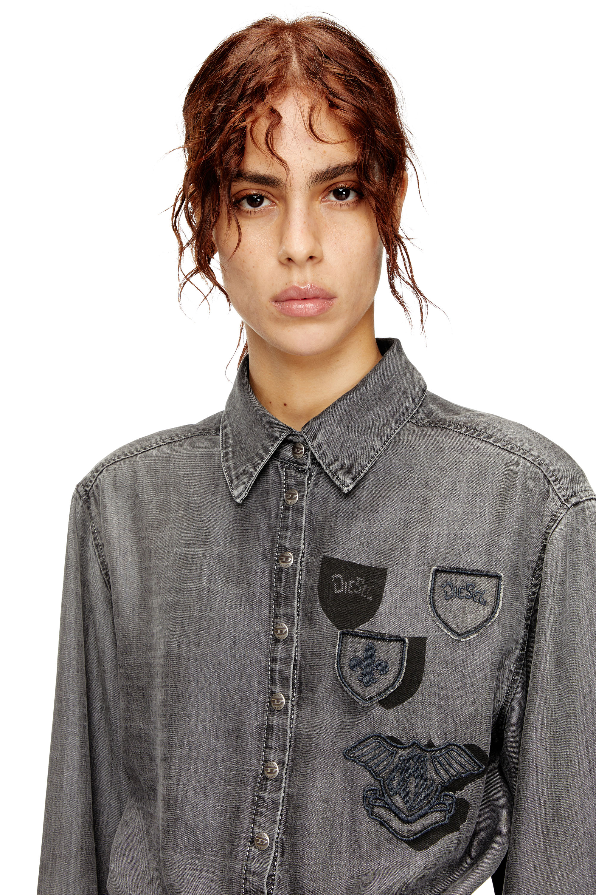 Diesel - DE-DREVIA-S, Female's Denim dress with embroidered patches in Grey - 4