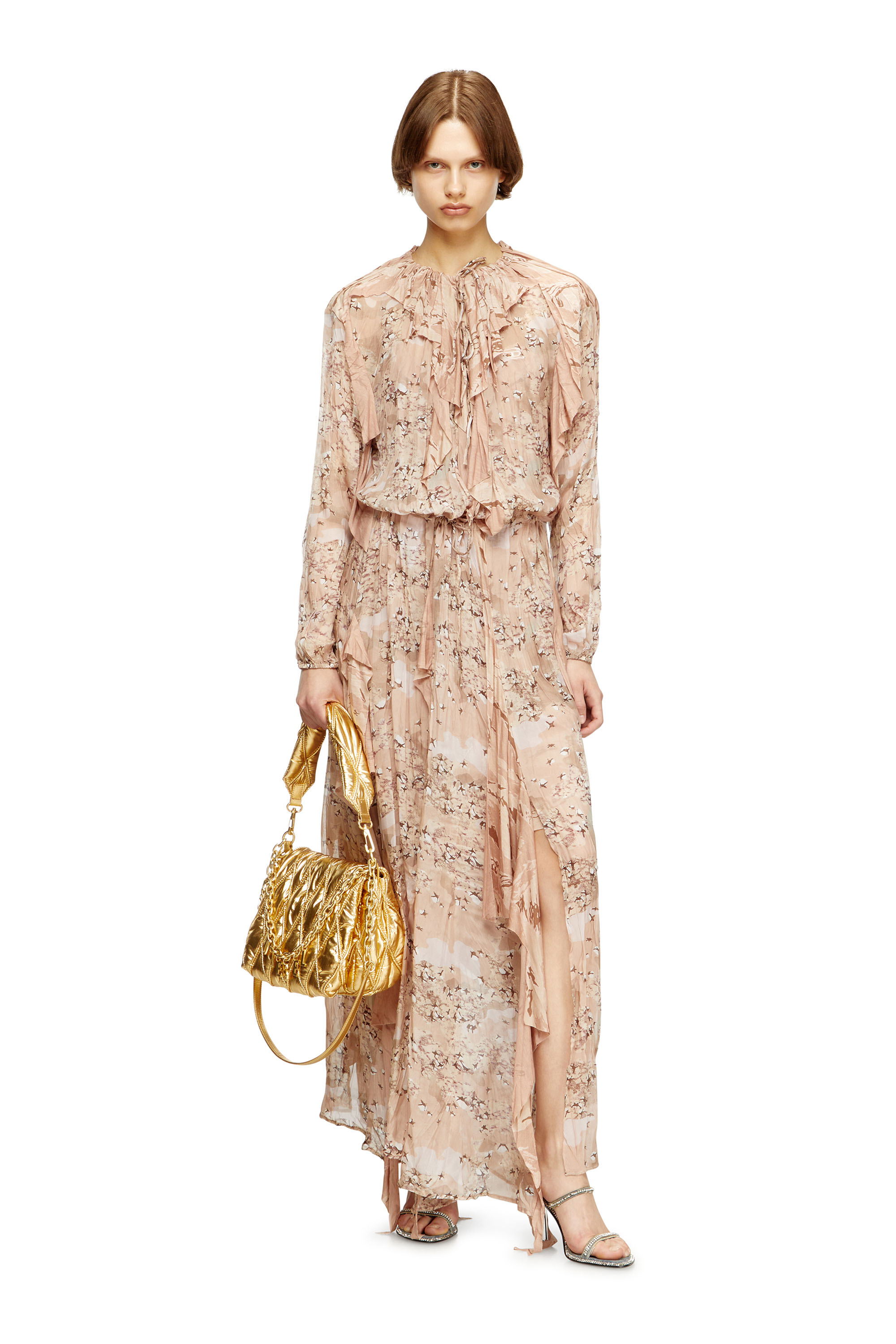 Diesel - D-AZZLING-R1, Female's Ruffled maxi dress in camo chiffon in Face Powder - 1