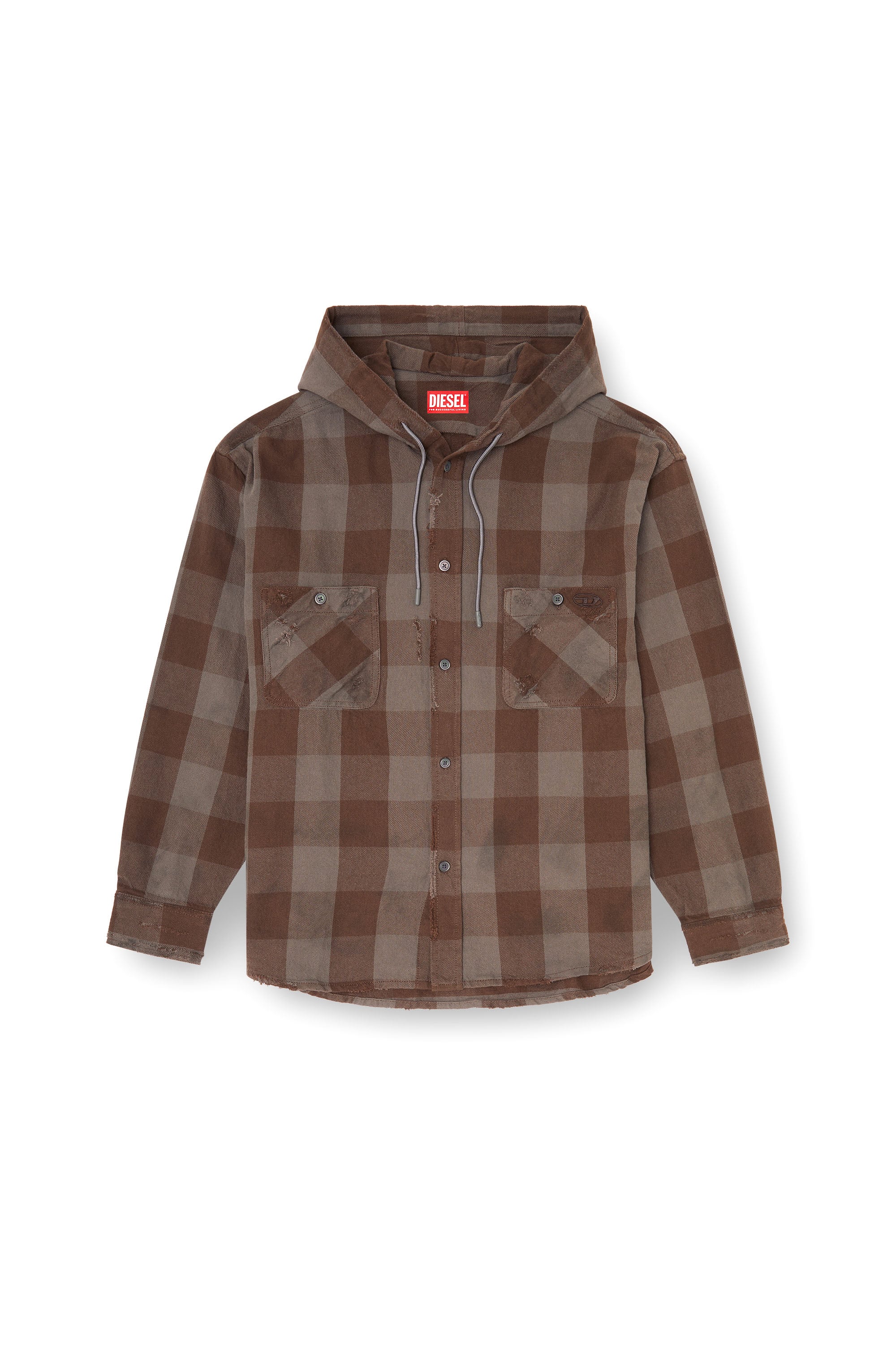 Diesel - S-DRUM-HOODY, Man's Distressed hooded shirt in check flannel in Brown/Grey - 3