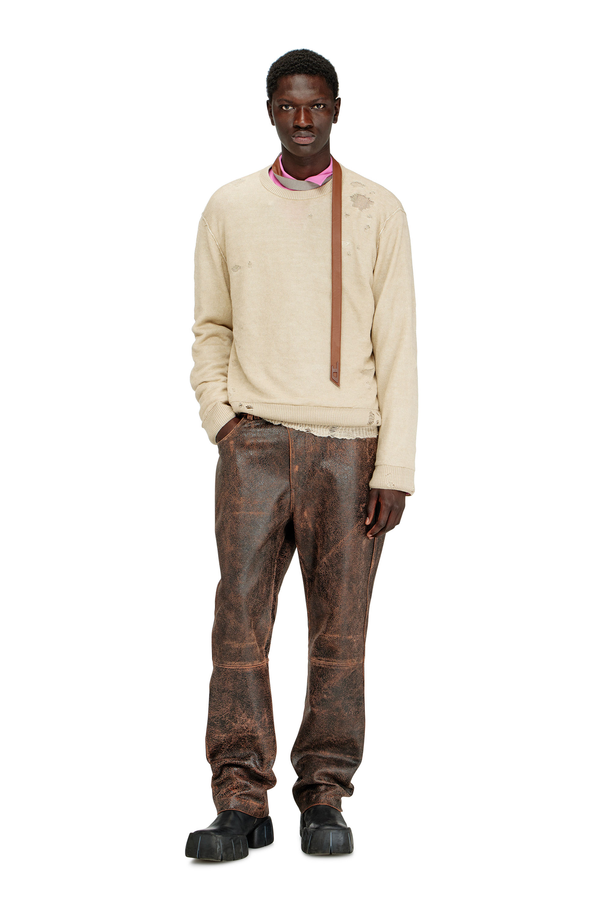 Diesel - K-DAIANAS, Male's Destroyed linen jumper in Light Brown - 2