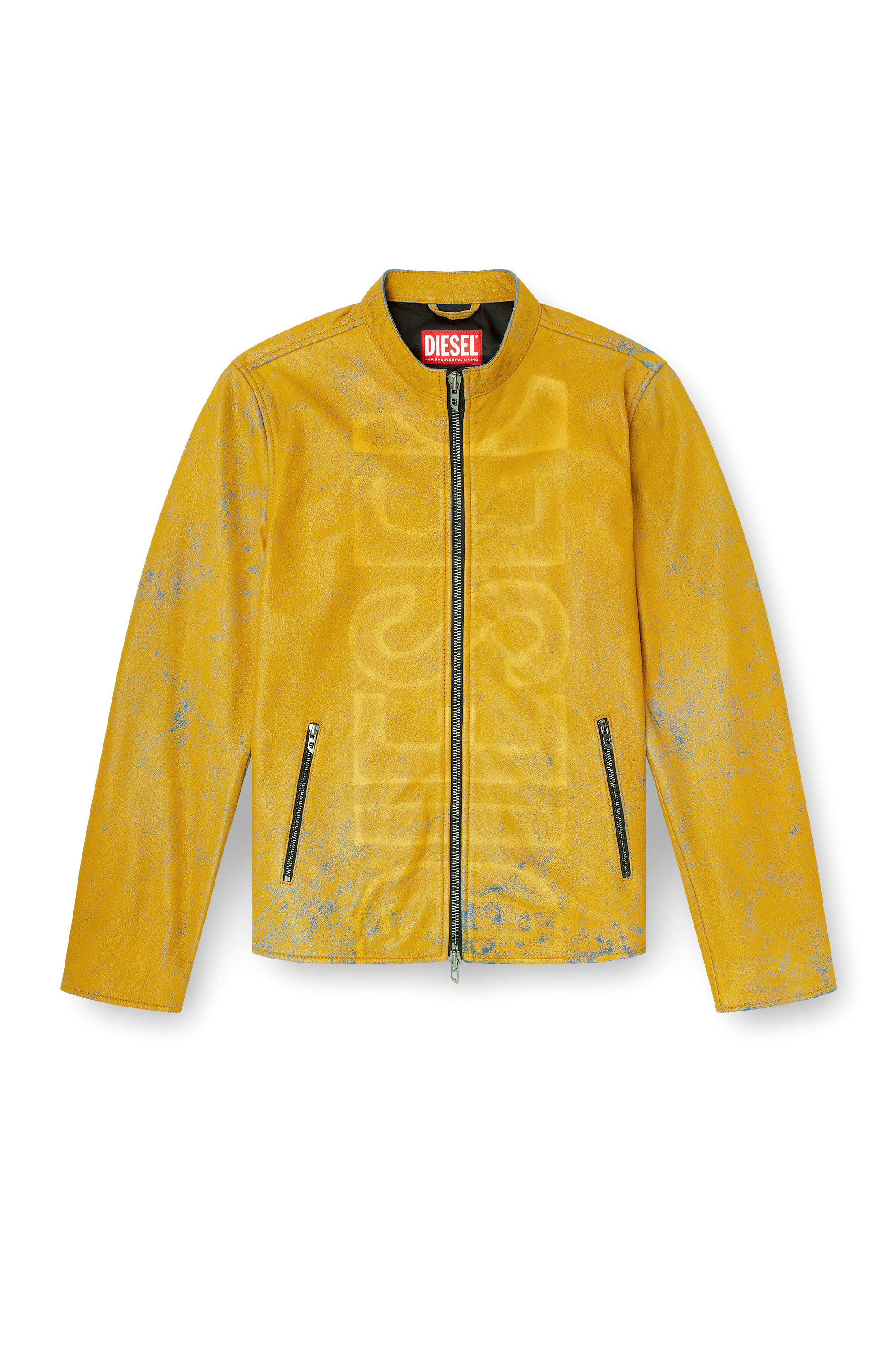 Diesel - L-EVERT-A, Male's Treated leather biker jacket with faded logo in Yellow - 3