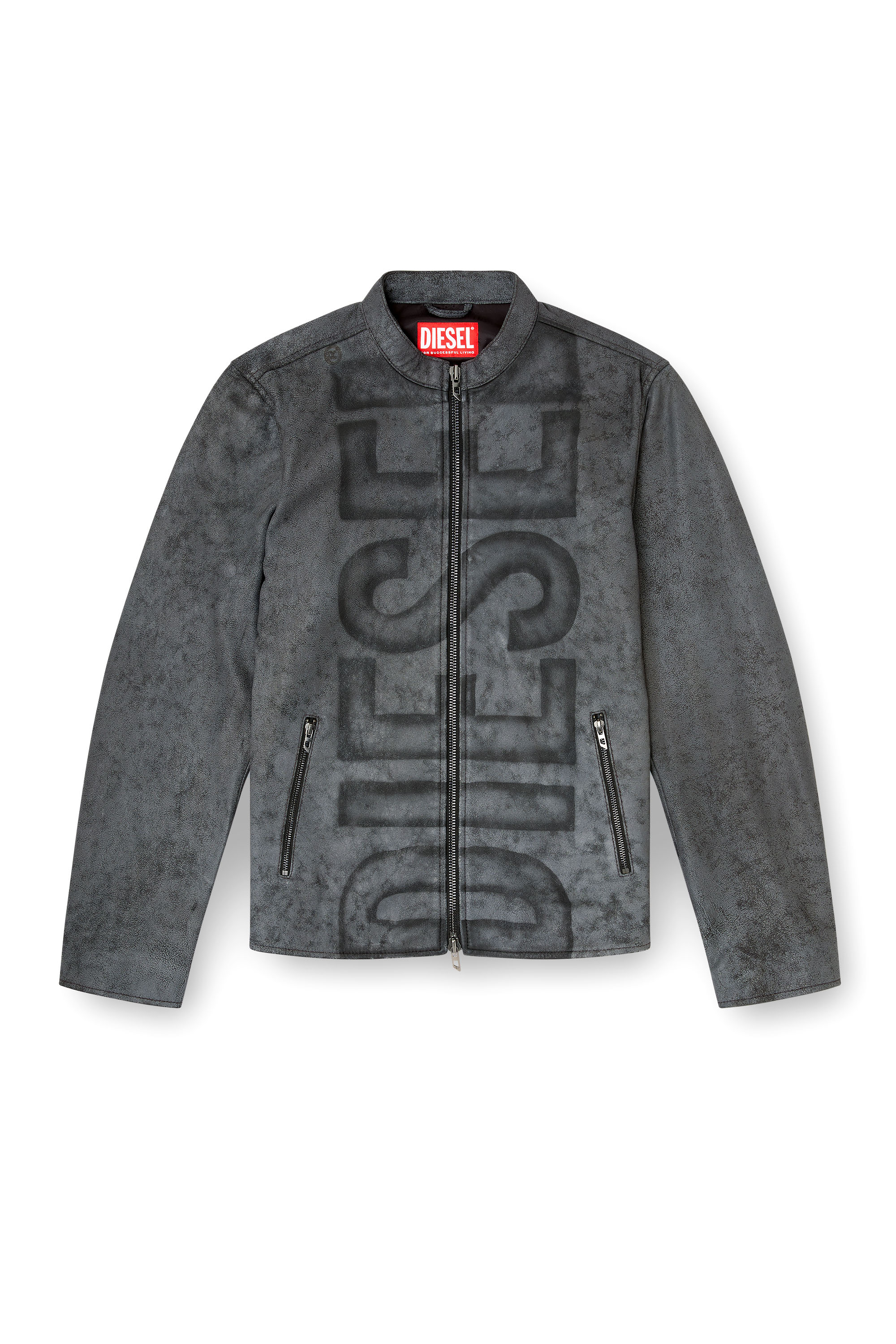 Diesel - L-EVERT-A, Male's Treated leather biker jacket with faded logo in Grey - 3