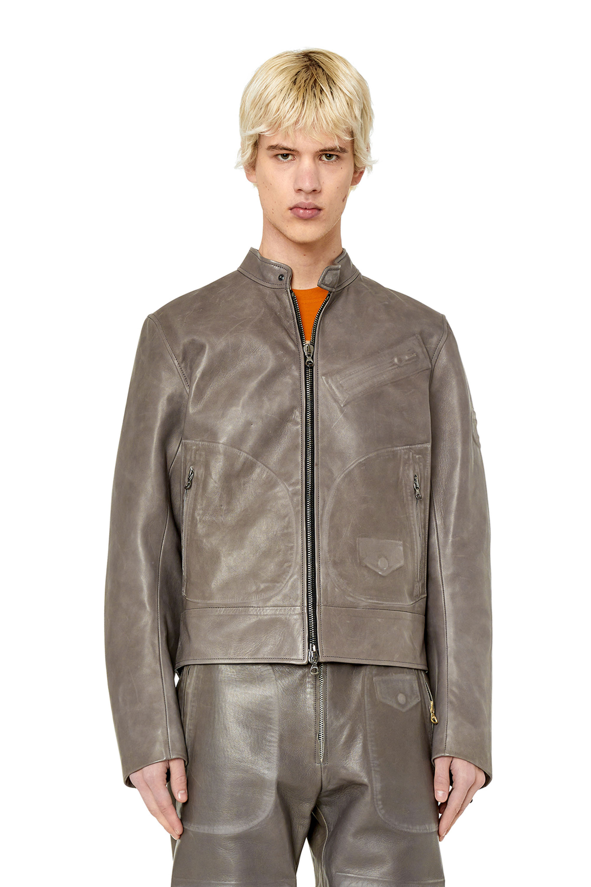 Diesel - L-JOSH, Man's Biker jacket in bonded leather in Dark grey - 3