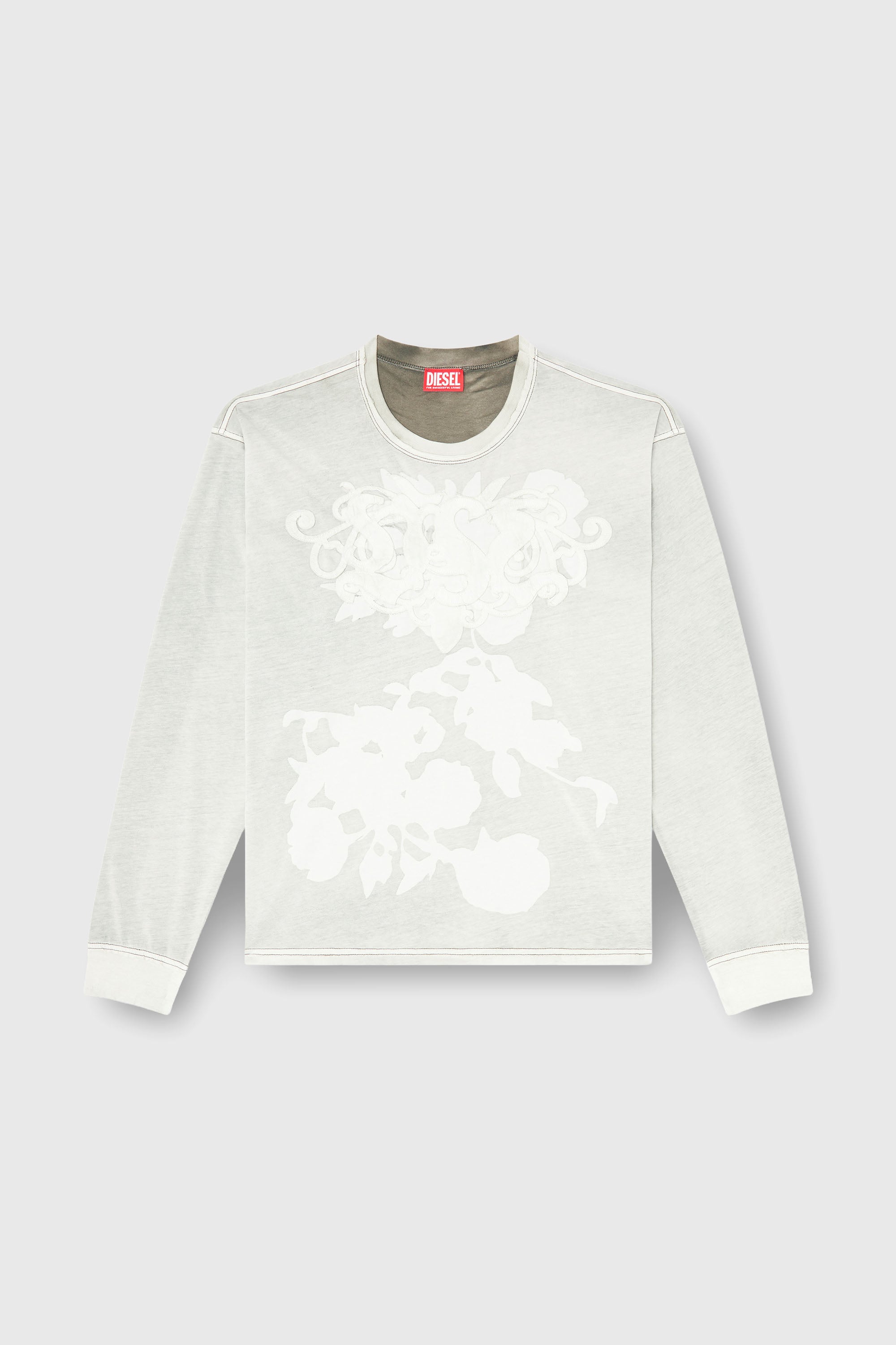 Diesel - T-RIVY-LS, Man's Long-sleeve T-shirt with floral print and logo patch in Grey/White - 2